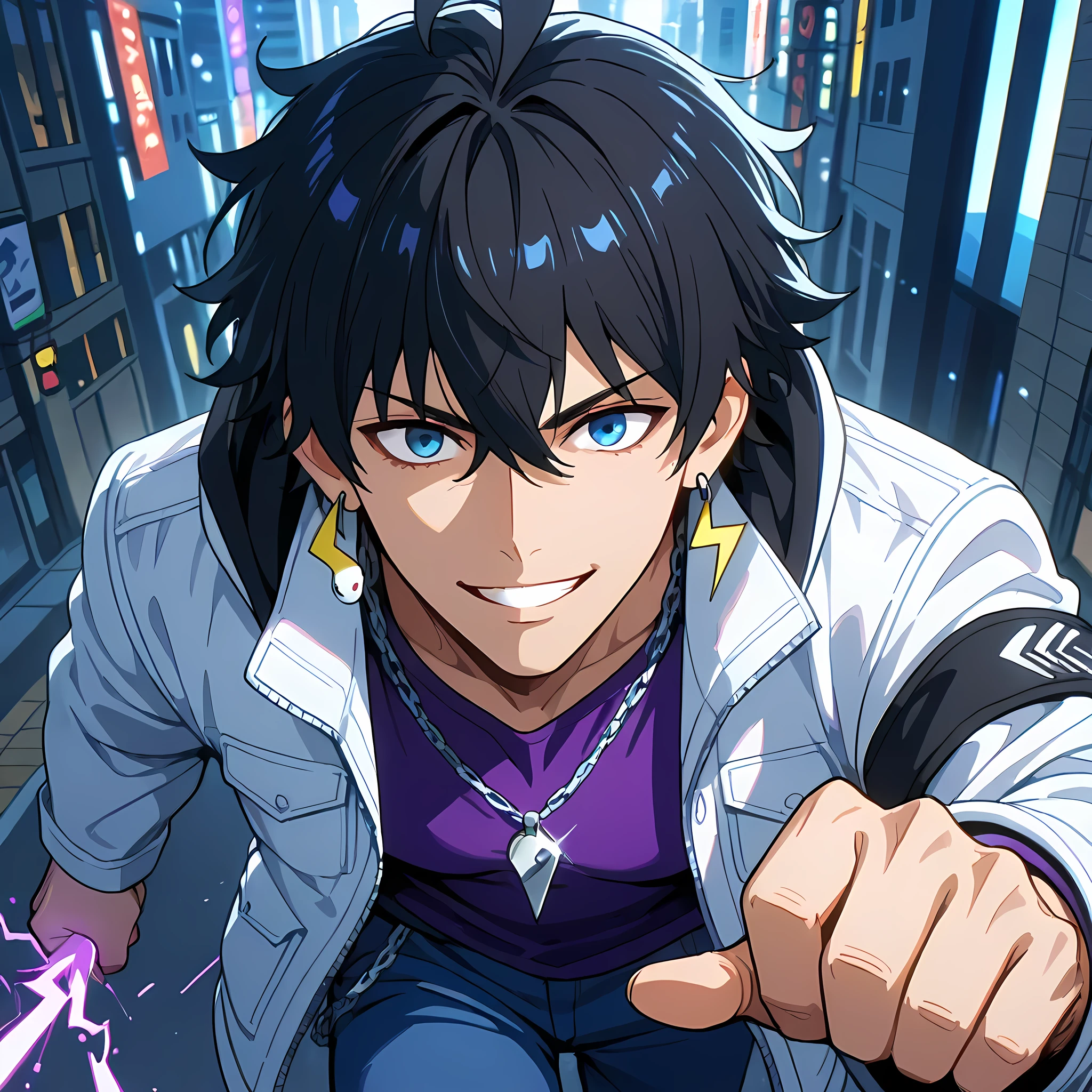 (front angle, medium close-up, Cinematic zoom-in, Motion Blur, epic action, cinematic composition, 85mm DSLR lens, shallow depth of field, ), ((anime skin texture, body style Solo Leveling, perfectly detailed scenery, best image quality, full HD, perfectly detailed appearance, perfectly detailed eyes, 1man, man walking through the city, anime style Japanese city, walking on a street with graffitied walls):1.10), {Sung Jin-woo}:((1man, short messy hair, adult man, strong and developed body, mature man, black hair with purple endings:1.2, blue eyes, black army boots, blue long pants with double pockets, tight purple blouse on defined chest, white jacket with black hood, silver snake earrings:1.2, black cloth armband, perfect lips, fearless gaze, confident smile, panting, silver chain with army pendant, strong arms and legs, thin eyebrows, lightning bolt shaped ahoge:1.2, dual hair color:1.2, lower part of hair in purple tone:1.05, purple energy emanating from the body, rays circulating through the hand, directing the hand towards the observer, smile showing white teeth)).
