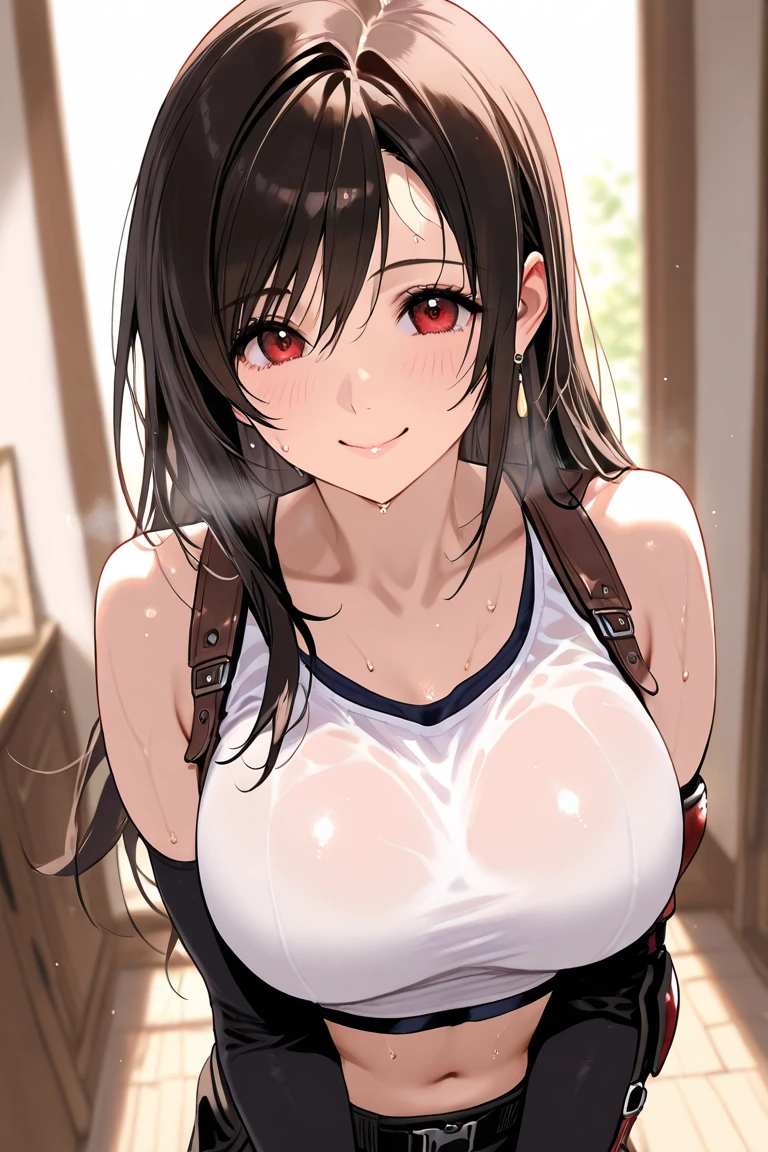 score_9, score_8_up, score_7_up,4k, ,BREAK , (from front,),breast focus,standing,straight-on,,ShirtUp,inverted nipples,(upperbody),looking_at_viewer ,1girl, tifa lockhart, final fantasy, tareme,black hair, low-tied long hair, red eyes, bangs, white tank top, belt, pleated skirt, thighhighs, elbow fingerless gloves, elbow pads, midriff, navel,suspender skirt ,big_breasts,(light smile),Curvy waist ,Solo,,(daytime and beachside and city),Toned,,detailed skin,(best quality),aesthetic,very aesthetic,UHD,HDR,intricate detailed:, ,anime,highly detailed,sharp focus,depth of field,,professional lighting,cinematic lighting,