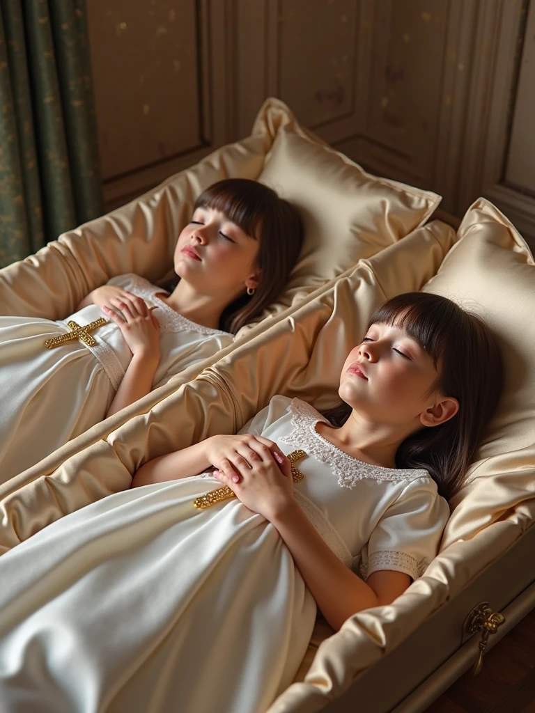 Twin sisters sleeping in a coffin，The older sister wore a light blue dress，The younger sister wears a pink dress，Mary Jane shoes，Mature and beautiful