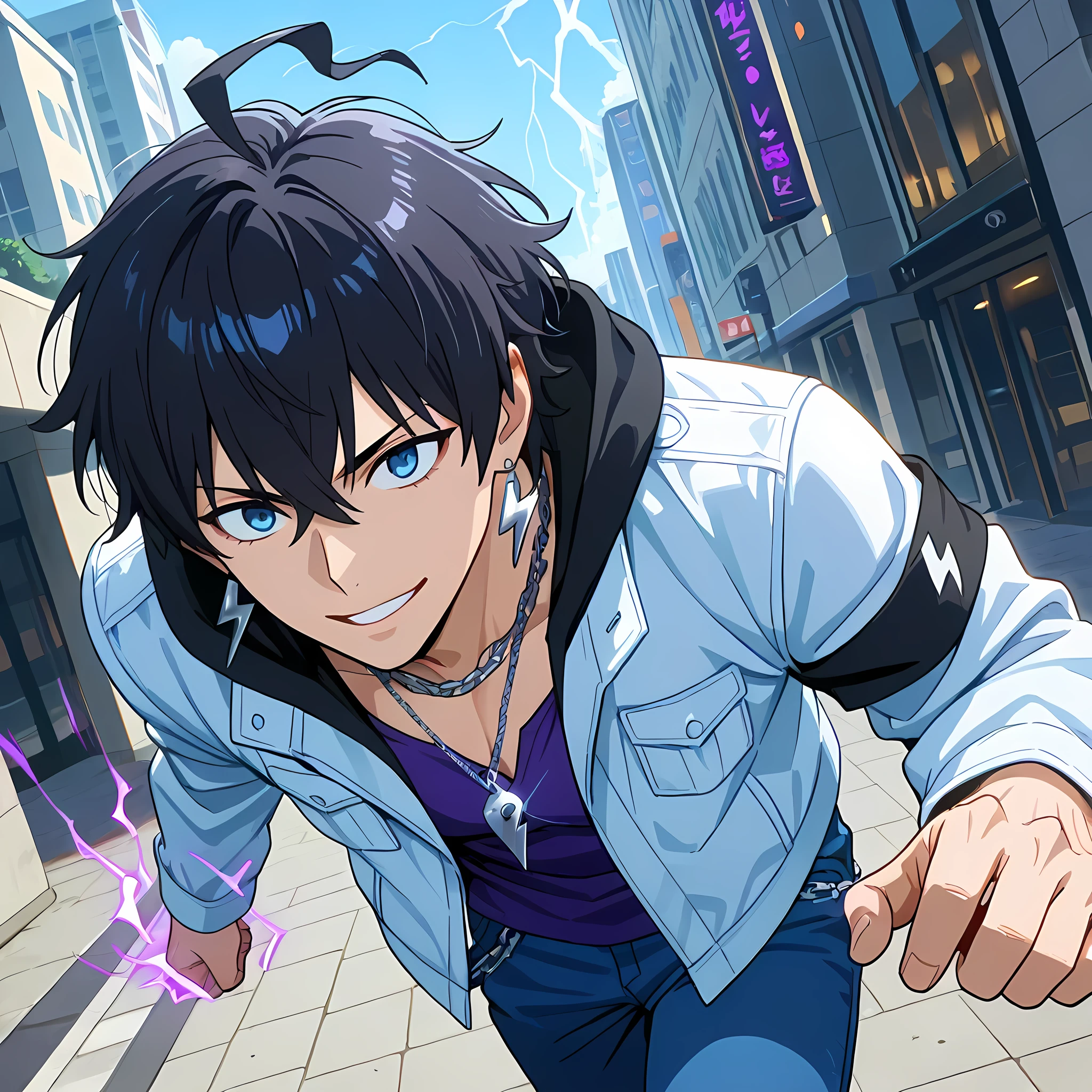 (high side angle, medium close-up, Cinematic zoom-in, Motion Blur, epic action, cinematic composition, 85mm DSLR lens, shallow depth of field, ), ((anime skin texture, body style Solo Leveling, perfectly detailed scenery, best image quality, full HD, perfectly detailed appearance, perfectly detailed eyes, 1man, man walking through the city, anime style Japanese city, walking on a street with graffitied walls):1.10), {Sung Jin-woo}:((1man, short messy hair, adult man, strong and developed body, mature man, black hair with purple endings:1.2, blue eyes, black army boots, blue long pants with double pockets, tight purple blouse on defined chest, white jacket with black hood, silver snake earrings:1.2, black cloth armband, perfect lips, fearless gaze, confident smile, panting, silver chain with army pendant, strong arms and legs, thin eyebrows, lightning bolt shaped ahoge:1.2, dual hair color:1.2, lower part of hair in purple tone:1.05, purple energy emanating from the body, rays circulating through the hand, directing the hand towards the observer, smile showing white teeth)).