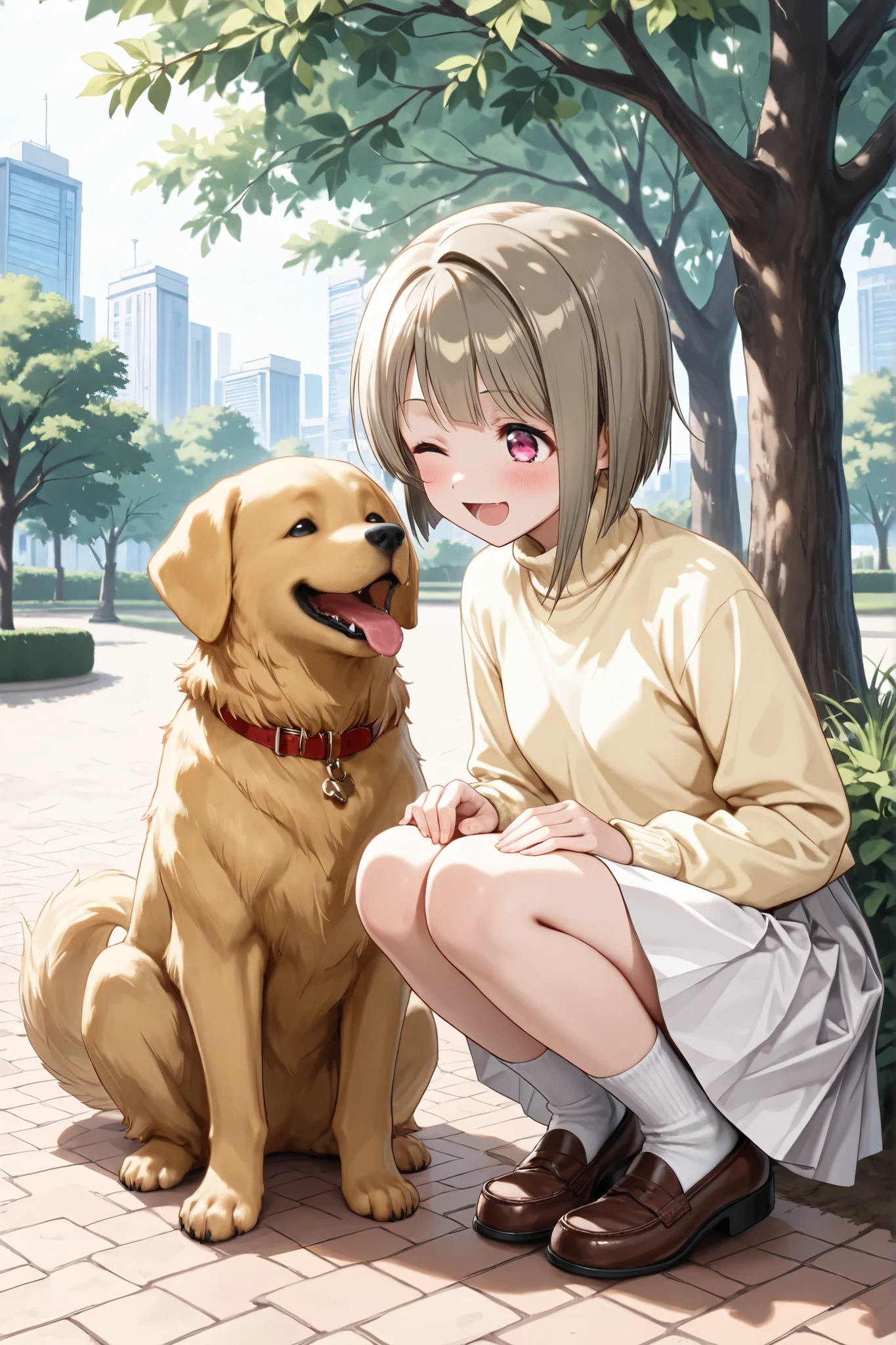 ((Masterpiece)),((best quality)),((incredibly absurdres)),((8K)),(semi realistic),
1 girl,nakasu kasumi,pink eyes,bob cut,light brown hair,asymmetrical hair,petite,small breasts,
turtleneck,pale light yellow shirt,long sleeves,loose shirt,white skirt,
white calf socks,loafers,
laughing,one eye closed,facing down,looking at dog,eye contact,
talking to dog,squatting,hands on own thighs,
outdoors,city,park,sunlight,spring,golden retriever,long-haired dog,solid eyes dog,
medium shot,