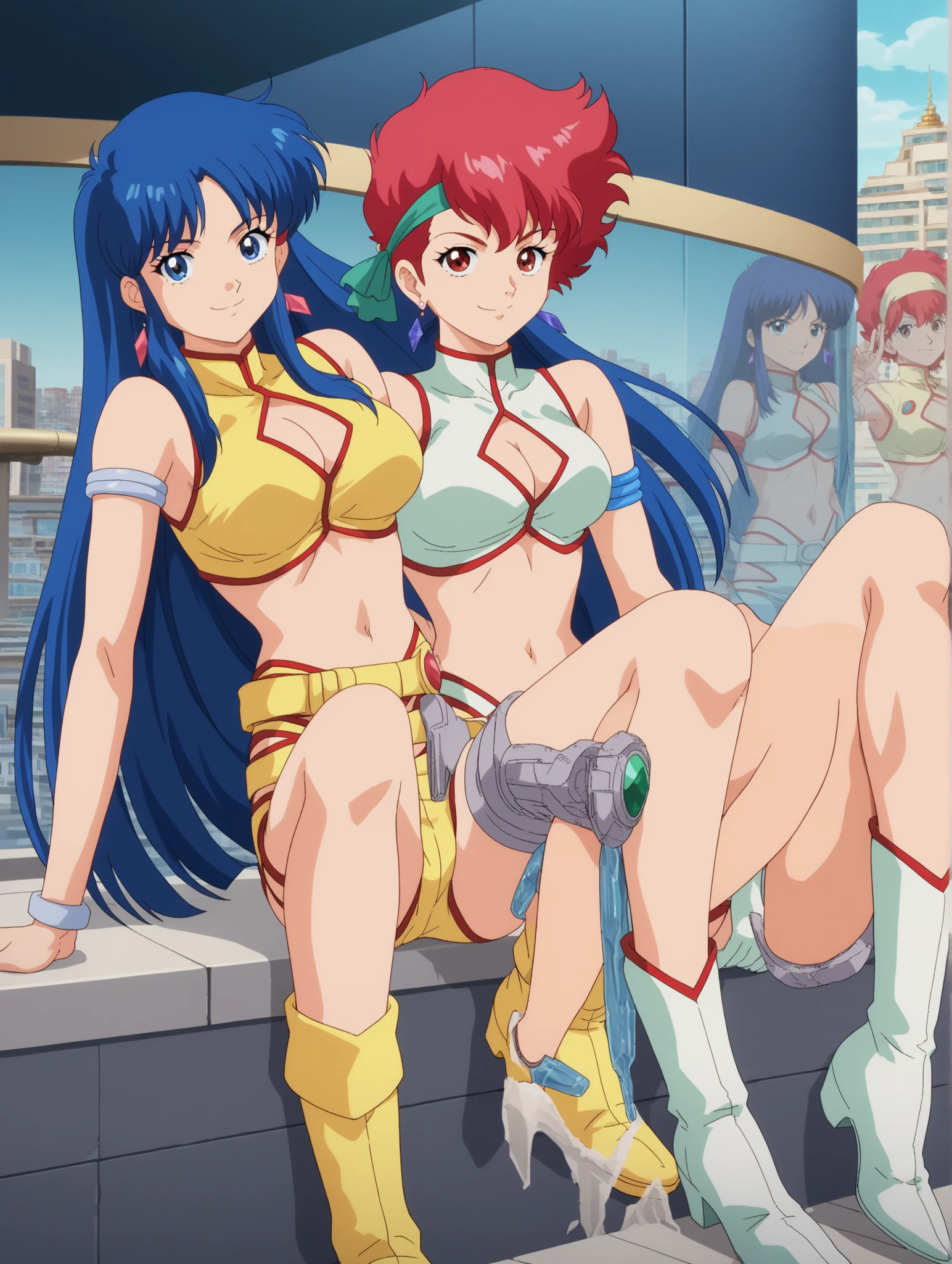 (1990s \(style\),1990s anime cels style, Cartoon style of the 1990s, flat color:1.3), vivid colors, best quality, high resolution, In the style of Nobuteru Yuki, blonde hair, blunt bangs, long hair, white leotard, Inspired by Shirou Masamune, red glasserom behind, ass), retro anime, sharp, Defined lines, Detailed, makeup, Beautiful face, gorgeous eyes, nose blush, crying face, white thigh highs, looking down, femboy, feminine boy, male, no breasts, flat chest, no boobs, 1boy