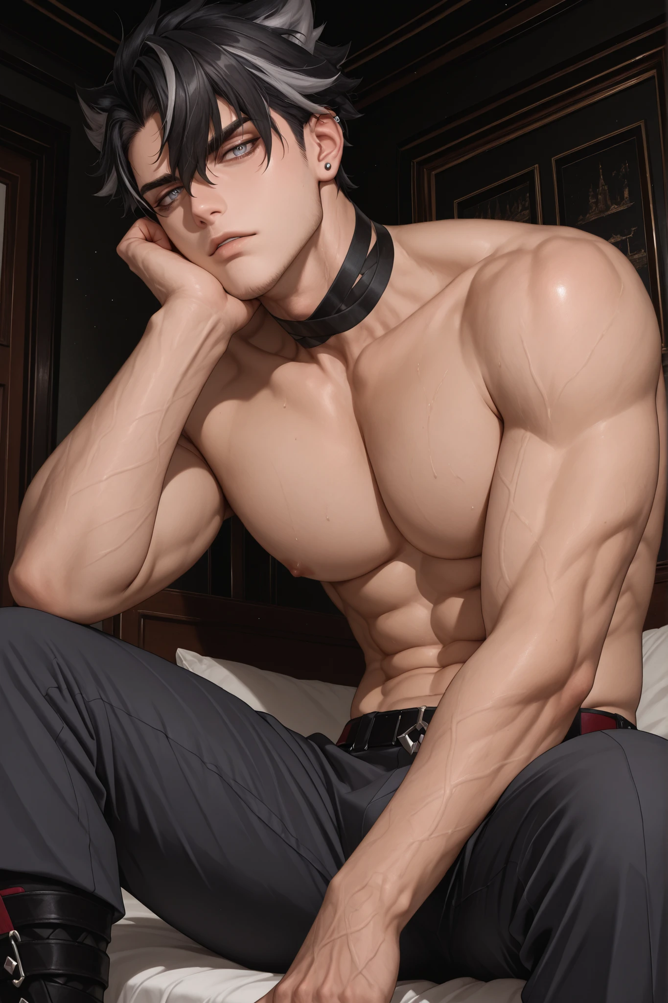 (Masterpiece, absurdres, newest, topquality) 1boy, solo, maturemale, malefocus,wriothesley,black hair,short hair,multicolored hair,bangs, french style bedrroom, sitting on bed, shirtless, looking at viewer, low angle, villain expression, one hand on chin