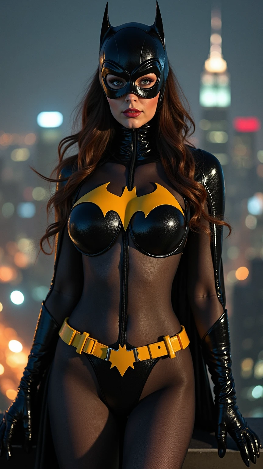 1girl, big eyes, naked, (large breast), ((big breast)), green eyes, small waist, smooth skin, mouth half open, ((Best Quality), (Realistic), portrait, perfect figure, highly detailed, breast out, two long legs, side lighting, small hips, curvy, innocent look, big nipples, , full lips, gigantic breasts, straight long wavy red hair, beautiful girl model, tan skin girl, wearing a batman costume, tight black spandex, she is in front of a black motorcycle, ninja motorcycle, in the city at night, mask over her eyes
