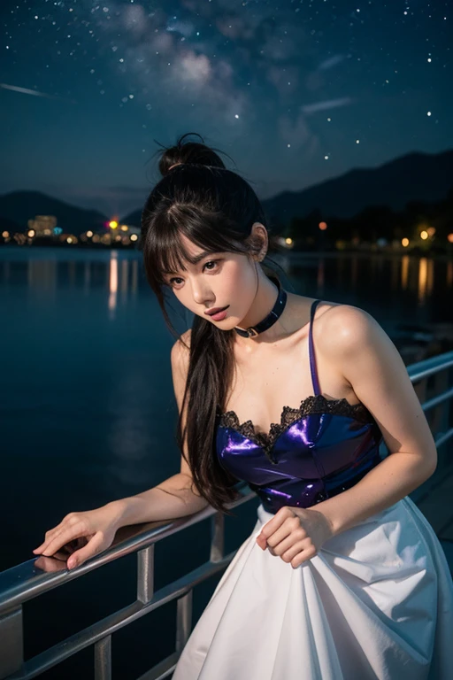 Best quality at best, tmasterpiece,, illustratio, the wallpaper,1 girl,perverted gal, Extremely detailed eyes and face, 美丽细致的眼睛, the shy, natural_lamplight, Glow,NSFW, clean Skysky, looking at viewert, Outdoor activities, night Skysky, As estrelas (Skysky), Loafer shoes, black pantyhoses, blue bowtie, hair straight, Purple petals, Purple and blue flowers, Red eyes, pony tails, blueribbon,White hair, thick_upper legs, , red eyes,