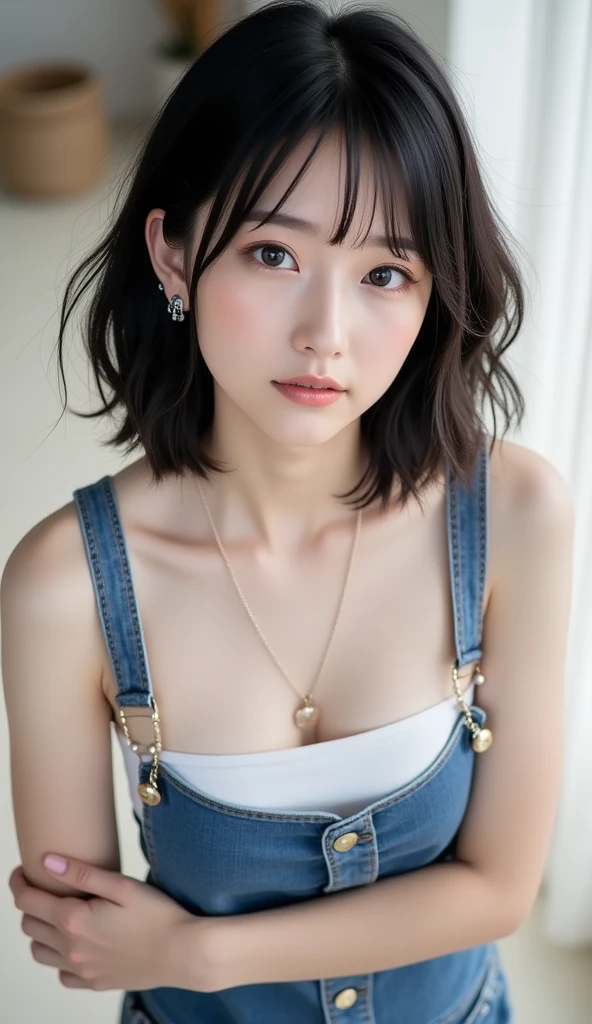 (highest quality,8k,32k,masterpiece,Ultra-high resolution:1.2),((Sexy expression:1.2)), ((Medium Hair,Beautiful bangs:1.5)), Positive, Professional Lighting, Flash photography, Shaded photo,((Cleavage:1.5)),((small breast)), (full body:1.2), Choker Necklace, Plain grey background, (Plain Horizon Studio:1.8),((black clothes with a wide open chest:1.2, Tight clothing:1.2)), ((I can't look directly at the nipples:1.5, Know the shape of your nipples:1.6))