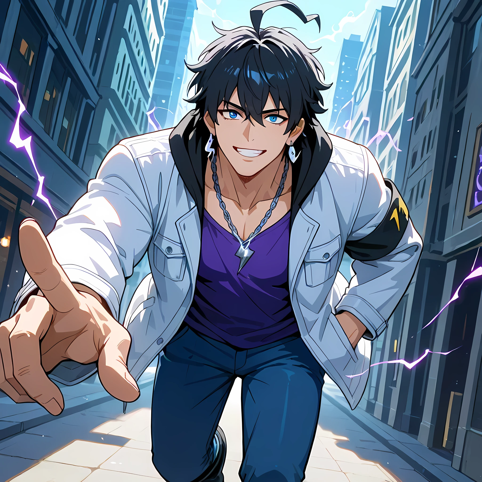 (high front angle, close-up, Cinematic zoom-in, Motion Blur, epic action, cinematic composition, 85mm DSLR lens, shallow depth of field, ), ((anime skin texture, body style Solo Leveling, perfectly detailed scenery, best image quality, full HD, perfectly detailed appearance, perfectly detailed eyes, 1man, man walking through the city, anime style Japanese city, walking on a street with graffitied walls):1.10), {Sung Jin-woo}:((1man, short messy hair, adult man, strong and developed body, mature man, black hair with purple endings:1.2, blue eyes, black army boots, blue long pants with double pockets, tight purple blouse on defined chest, white jacket with black hood, silver snake earrings:1.2, black cloth armband, perfect lips, fearless gaze, confident smile, panting, silver chain with army pendant, strong arms and legs, thin eyebrows, lightning bolt shaped ahoge:1.2, dual hair color:1.2, lower part of hair in purple tone:1.05, purple energy emanating from the body, rays circulating through the hand, directing the hand towards the observer, smile showing white teeth)).