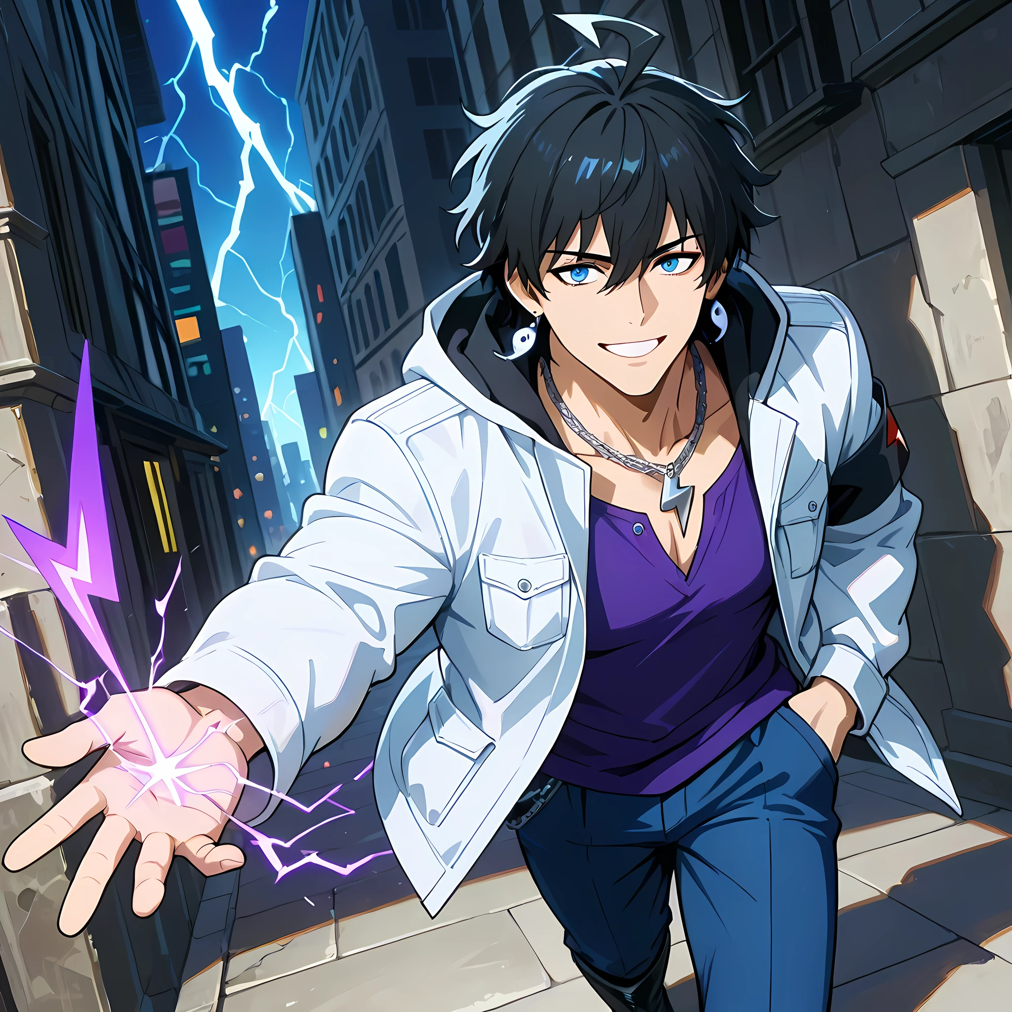 (high front angle, close-up, Cinematic zoom-in, Motion Blur, epic action, cinematic composition, 85mm DSLR lens, shallow depth of field, ), ((anime skin texture, body style Solo Leveling, perfectly detailed scenery, best image quality, full HD, perfectly detailed appearance, perfectly detailed eyes, 1man, man walking through the city, anime style Japanese city, walking on a street with graffitied walls):1.10), {Sung Jin-woo}:((1man, short messy hair, adult man, strong and developed body, mature man, black hair with purple endings:1.2, blue eyes, black army boots, blue long pants with double pockets, tight purple blouse on defined chest, white jacket with black hood, silver snake earrings:1.2, black cloth armband, perfect lips, fearless gaze, confident smile, panting, silver chain with army pendant, strong arms and legs, thin eyebrows, lightning bolt shaped ahoge:1.2, dual hair color:1.2, lower part of hair in purple tone:1.05, purple energy emanating from the body, rays circulating through the hand, directing the hand towards the observer, smile showing white teeth)).