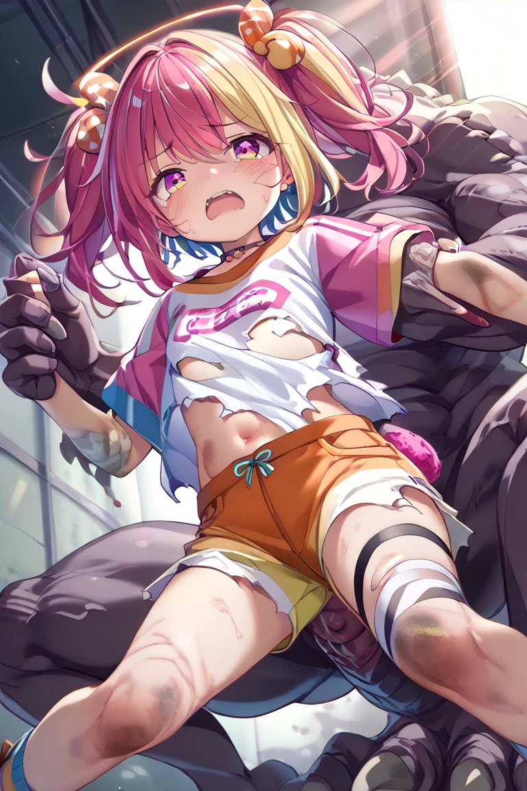 masterpiece, best quality,anime style, 1 girl,(((slender body))), (((small breast))),(((hot pants, white tanktop,red tie))),(((((a gorilla man grabbing the girl))))), ((((restrained, arms behind back)))),((((cum)))), (beautiful face), (((short hair))), (((straight hair))), ((((pink hair)))),detailed beautiful skin, (perfect hands, perfect anatomy)