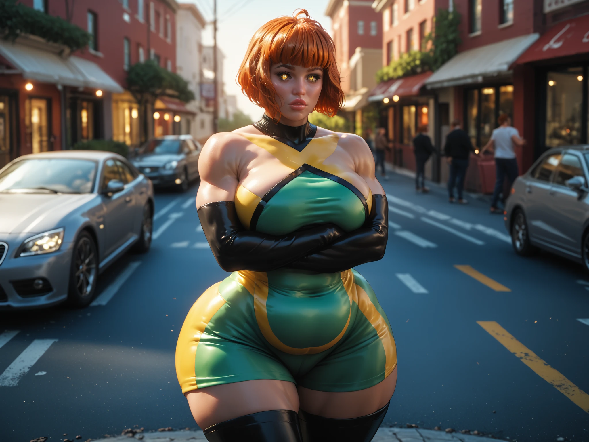 ((masterpiece)), ((photorealistic)), ((8k wallpaper)), ((best quality)), ((perfect quality)), solo, (detailed eyes:0.9), girl, red short hair, April O'Neil, very beautiful, pose: ( standing, (eating pizza), sexy pose), face : ( (very beautiful face), (perfect face), (eating pizza), (thin face), cute face, young ) , figure: ( very full body, very thick, ((a bit chubby)), ((wide waist)), ((a bit chubby belly)), very soft, very curvy, (big breasts), sexy, sexy pose, ((big deep navel)), ((love handles)), fat thighs, long legs, fat ass, ((muffin top)), thunder thighs, fed up) , clothes : ( tight yellow costume)