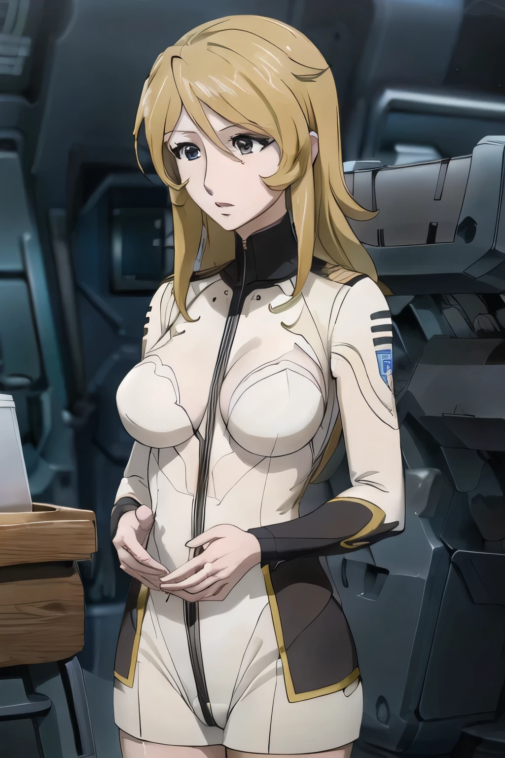 (((best quality))), (((masterpiece))), (((detailed))),
MoriYuki,
solo, closed mouth, light smile,
blonde hair, long hair, (brown eyes), (best quality eyes), (detailed face),
MoriBodysuit, (yellow bodysuit), belt,
standing, looking at the viewer, from back,
science fiction, cockpit, starry sky, ((big breasts)), thighs