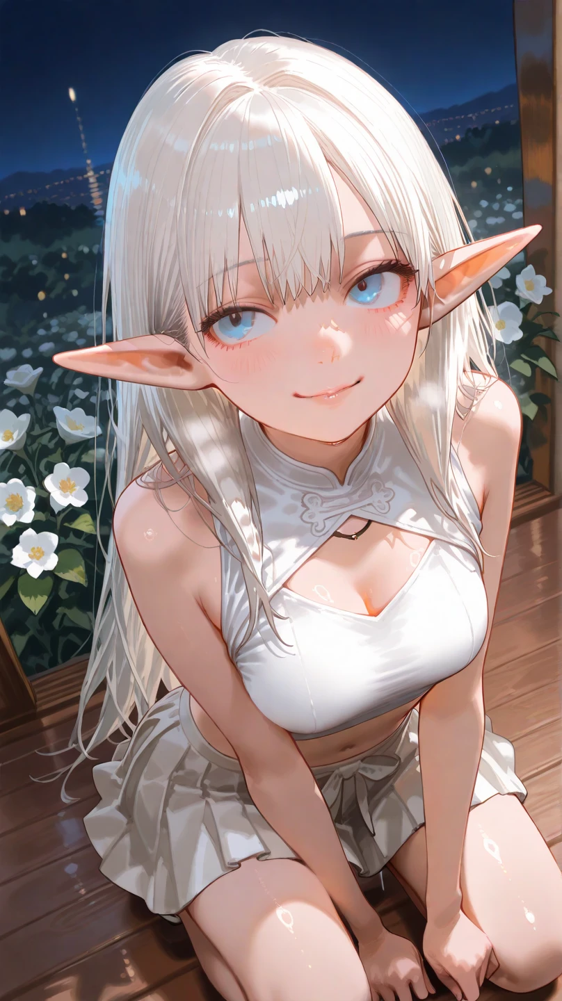 Elven Beauty、fullnude、flat chest、Bathing in the river、Wet body、Detailed upper body、Smiling at the camera、