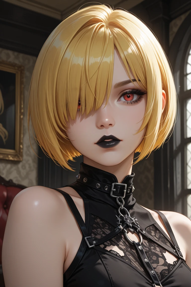 1girl, Goth girl,
Goth girl 1girl, black lips, goth makeup, eyeliner, mascara, smoky eyes, short hair, yellow hair, pigtails, blonde, lingerie, long sleeves, ruffle trim, facing viewer, looking at viewer,