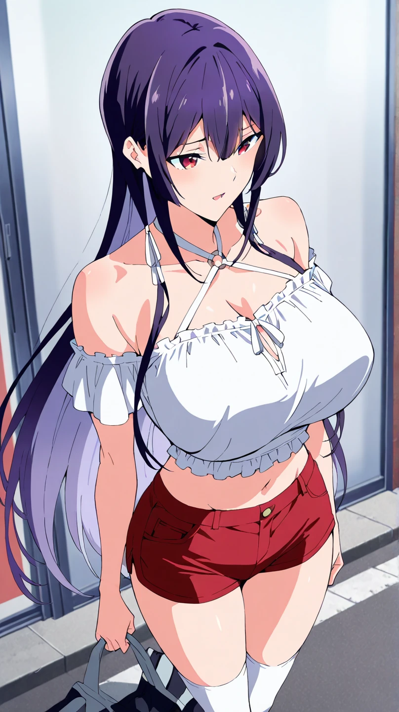 Masterpiece, Best quality, days, against backlight at dusk, Beautiful detailed sky, artbook, Original Painting, Colorful, wall paper, incredibly_absurdist, Girl, solo, maid, Long hair, Gradient hair, multicolored hair, Hair up, Cute face, aqua eyes, heart in eye, Multicolored eyes, Huge breasts, frilled bikini, 比基尼_Top, bare legs, flower ribbon, thick_thighlet,Seductive smile