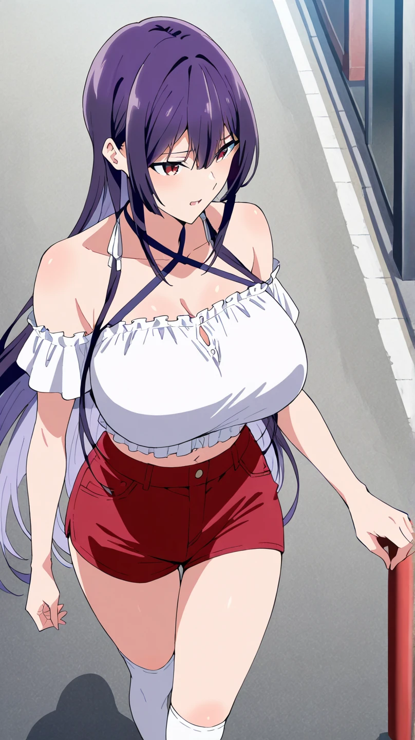 1girl,Black hair,huge breasts, beautiful face:1.3,butt hole,navel, cleavage ,bellybutton,off the shoulder:1.8,body facing front,full body shot,standing,skirts up,standing straight , looking front,hand on breasts