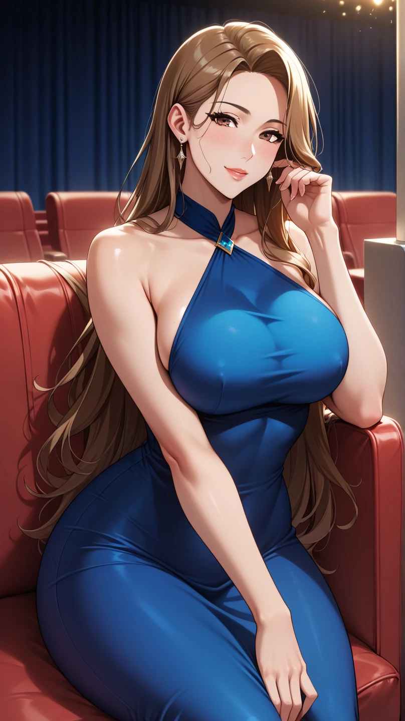 an orange haired female in black outfit standing on a catwalk, 1girl, jewelry, solo, earrings, hoop earrings, breasts, long hair, blue eyes, makeup, cleavage, upper body