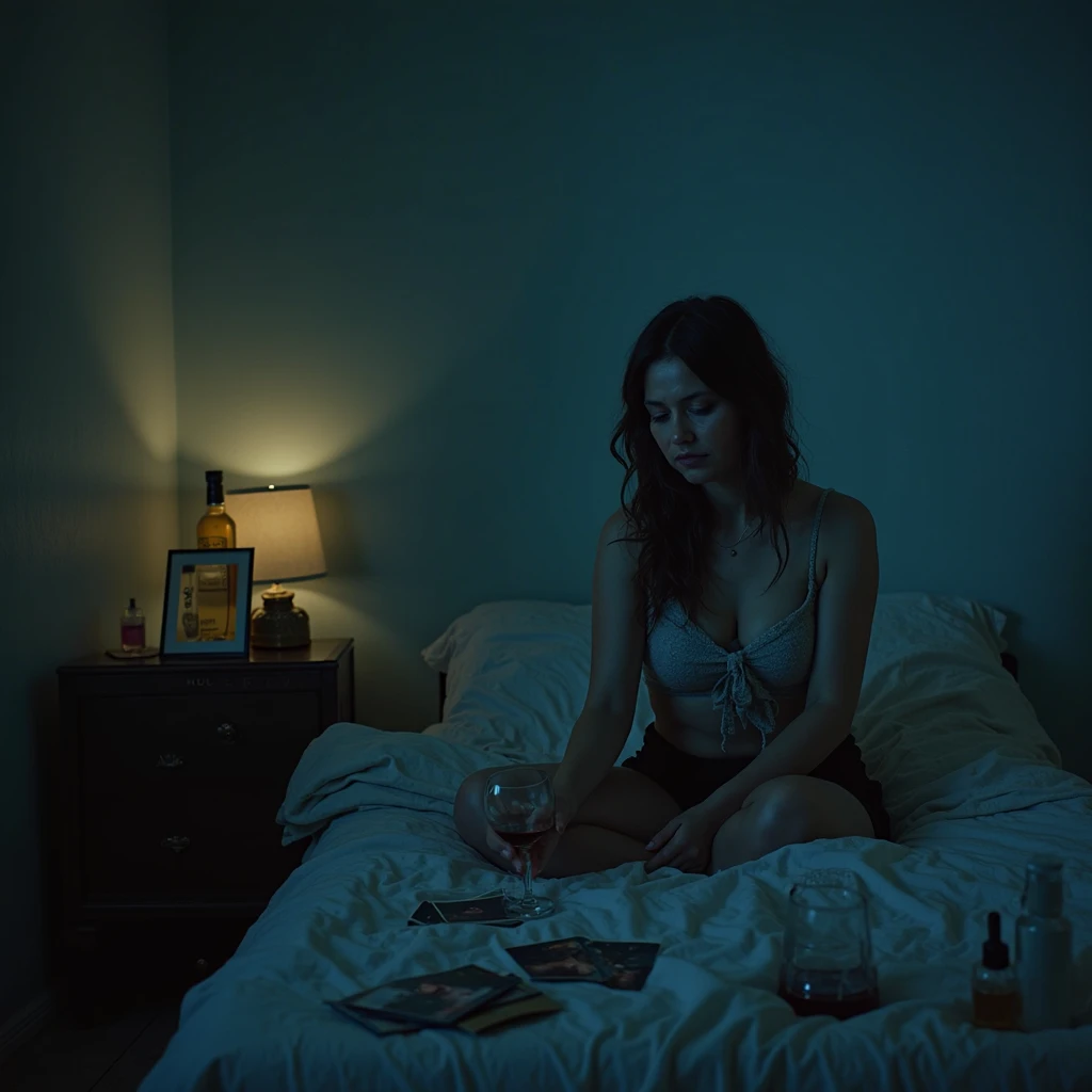 pretty hooker in Barcelona Spain, Roma gypsy woman, working in a dark cheap room, old lamp, weak light bulb, table with hand cream, baby oil, used tissues on bed, chicken blood and heads on table, black magic, satanism, charms, trinkets, lurid vivid colors, Mario Bava aesthetic, Technicolor, cinematic volumetric lighting, intricate, highly detailed, HD, 8x