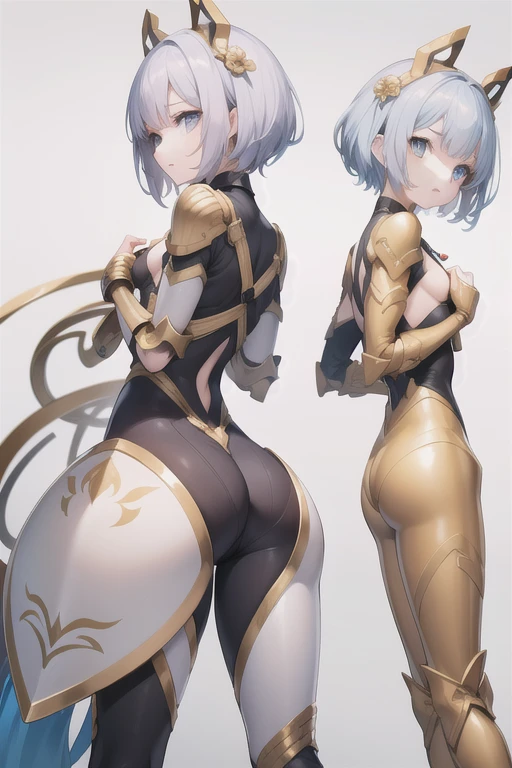 whole body, Exposed breasts, Short-haired girl, Brown Hair, Tiger-themed mecha, High resolution, Accurate, Anatomically correct, Highest quality, detailed, 高いdetailed, Exposed shoulders, Exposed Skin, Neon Light, (Highest quality, masterpiece), One girl, cute, Standing girl, ((three views, Front, back and sides)), Character Sheet,whole body,Simple Background,
