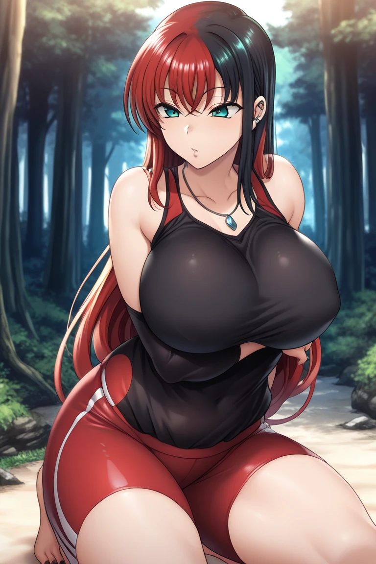 ((best quality)), ((masterpiece)), (Perfectly detailed), (Solo), (Perfect Lighting), A Cute Girl, ((Overwhelmingly Large, Too Oversized, Rounded, Enormously Over-Exaggerated, Too Excessively Gigantic, Too Absurdly Huge Breasts)), (Long Brunette hair), Beautiful Blue eyes, In a Dense Forest, pretty waterfall in background, wearing a (Red Jacket), a White crop-top, worn Jeans, and Dark-Grey Boots, happy expression, facing viewer, anime style, bright, (Extremely Excessively Enormous, Too incredibly Wide, Ridiculously Gigantic thighs), She is has become Too Excessively Wide and too Thick to fit, her clothes are incredibly tight, and getting tighter as she grows thicker,