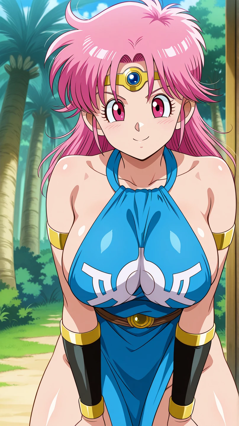 "(masterpiece:1.1), best quality, 
1girl, (80s anime style:1.4), (eyelashes:1.5),(loli:1.2), 
(intricate high detailed body:1.2), 
purple hair, 
(forehead, hair slicked back:1.2), (twintails, drill hair:1.1), (hair ornament:1.2), 
purple eyes, 
(tan skin:1.3), (muscular body:1.1), (huge breasts:1.1), 
happy, smile, open mouth,
(golden embroidery leotard armor, navel cutout, tattoo:1.2), 
(knight armor, armored boots:1.2), (belts:1.1), (earrings:1.1), gloves, 
standing, claw pose, 
(cowboy shot, looking at viewer, from front:1.1),
(daytime, grassland, outdoors:1.1)"