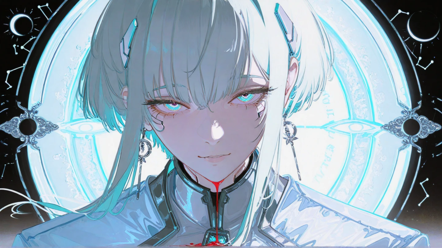 ak-12 \(girls' frontline\), 1girl, artificial eye, bangs, black gloves, blood, braid, french braid, gloves, glowing, glowing eyes, grey hair, hand up, long hair, long sleeves, looking at viewer, mouth mask, mechanical eye, one eye closed, partially fingerless gloves, portrait, purple eyes, ribbon, sidelocks, solo