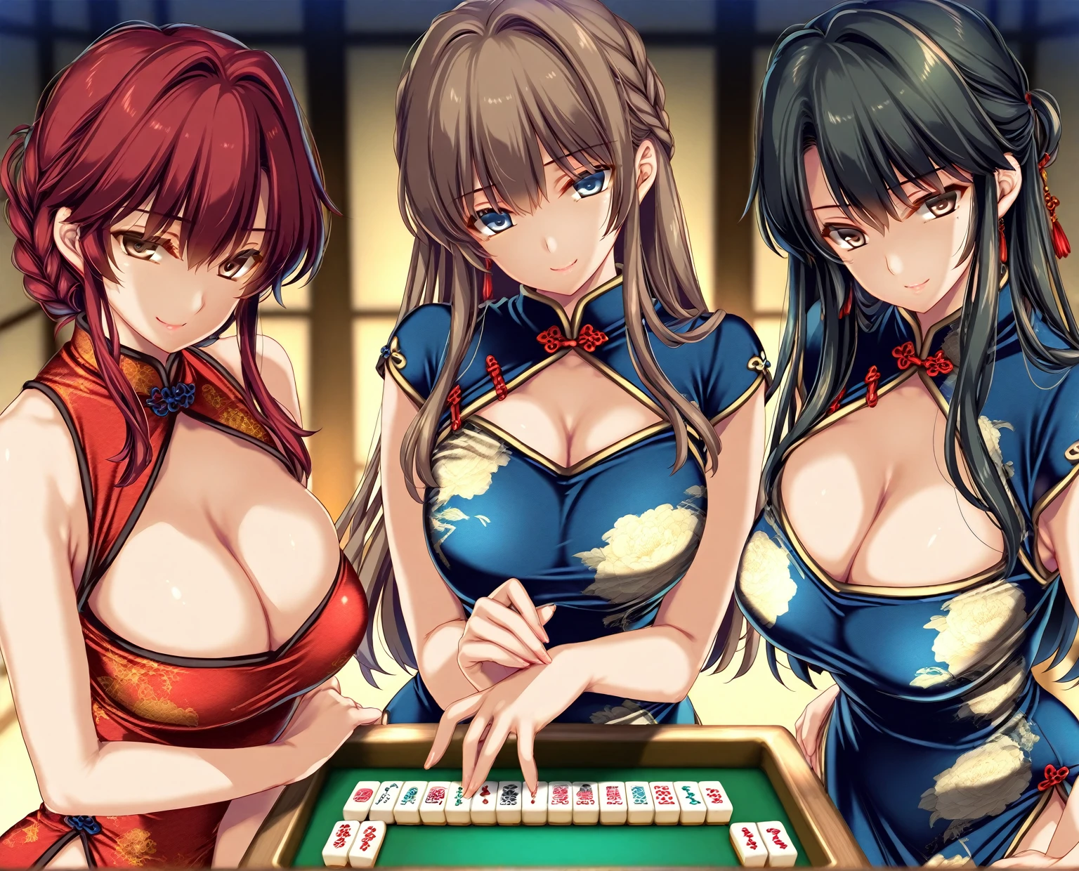 ((top quality)),((masterpiece)),((perfect face)),((background blur)),((kawaii)), nsfw, Four beautiful women, mahjong, sparring, luxury underwear, luxury dress, game, gambling, bottle of beer, lively, serious expression, scowling expression, flustered expression,Closeup, Expressions of joy, anger, sorrow, and pleasure, ((kawaii)), close up, Happy smile, shame, joy, fun,