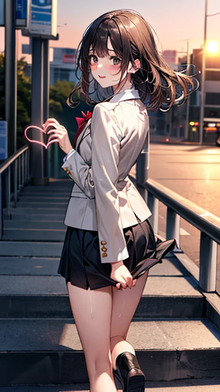 ((Tabletop, Highest quality, High resolution, Hmph, Pixel perfect, 4K, Hmph, Hmph))), One Girl, single, alone, Beauty、The whole body is visible、 ((Mid-wave hair, bangs, Brown Hair)), ((Brown eyes, Beautiful eyelashes, Realistic eyes)), ((Detailed face, Blushing:1.2)), ((Smooth texture:0.75, Realistic texture:0.65, Realistic:1.1, Anime CG Style)), Medium chest, Dynamic Angle, Perfect body, ((Red bow tie, , Black jacket, Open jacket, Brown cardigan, White shirt, Black Skirt, Checked skirt)), City stairs、Looking up from the bottom of the stairs、Very embarrassing panic smile, looked back、Leaning forward significantly、(The wind blew up her skirt, exposing her buttocks.................................、Touch your buttocks with both hands、Spread your legs、Light pink floral lace panties)、