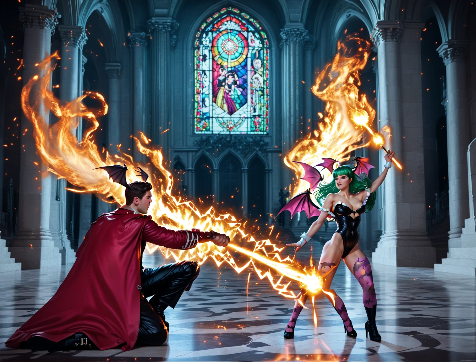 Epic anime-style animation of Morrigan Aensland and Sol Badguy fighting inside a ruined gothic cathedral. The scene begins with both characters in dynamic combat stances, facing each other across the cathedral hall. Sol, on the right, charges forward with a flaming punch, his red coat flaring, eyes burning with rage. Morrigan, on the left, dodges low with bat wings partially spread, her green hair flowing, wearing her iconic purple and black outfit, a smirk on her face. The stained-glass windows behind them glow brightly, casting colorful light across the floor. The camera rotates 180 degrees from behind Morrigan to behind Sol, following the action in slow motion, with motion blur, energy trails, and flying debris. Sparks fly as attacks clash. Dramatic lighting, expressive animation, vibrant colors, glowing magical effects, and cinematic intensity.