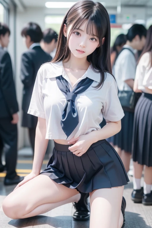 top-quality、hight resolution、ultra-detailliert、​masterpiece、Raw photography:2、realisitic:2、Photorealsitic:2、extremely delicate and beautiful、finely detail、Textured skin、1 girl in、(Solo)、Alone、full-shot、Height is 165cm、18-year-old schoolgirl、(Turn your body to the front)、Squat with crotch open、Shibuya at night in Japan、Sidewalk lined with shops、Japan High School Uniforms、Selected black student shoes、Dark blue blazer、plaid skirts、White shirt for students、neck tie、100 degree leg opening、Crotch wide open、Light brown medium hair、(white  panties)、(Bare legs:1.2)、Black loafers、(beauitful face:1.3)、Adult face、perfect bodies、Long feet、Short sitting height、small tits、accurate fingers、White panties visible from under the skirt、Do not take off your blazer、Do not take off your skirt、Do not take off your shirt、Pubic hair is visible、Crotch like a camel's toe、The shape of the woman's pubic area is clearly visible, witheout panties