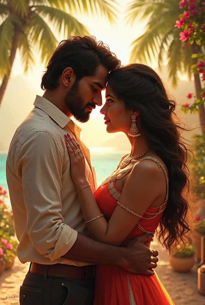 couple, handsome dark-skinned man, 34 years, with a mustache, low curly hair, strong bodie, white woman with black shoulder-length hair, full cheek apple, pretty, age 25, Round face, eye large,both happy in a beautiful place