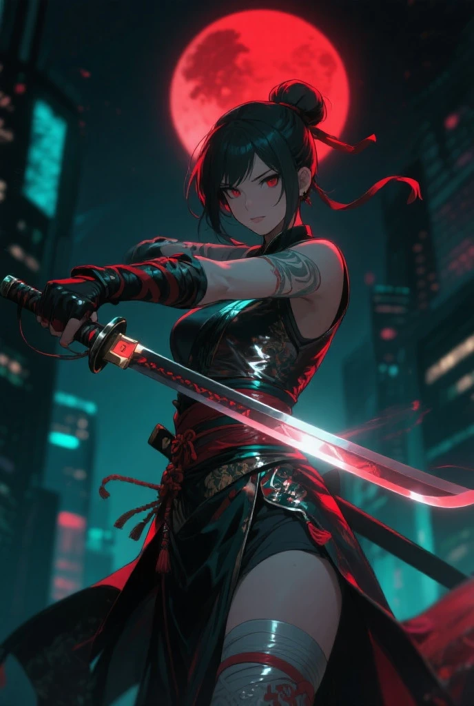 masterpiece, best quality, high quality, detailed, ultra detailed, hyper detailed, insanely detailed, exquisite, beautiful, FHD, Full-HD, 4K, 8K, 16K, highres, absurdres,Overall reddish-black image, (One sexy lady), mystic knight, serious look, sword fighting, covering one eye, black hair, red eyes, armor, long boots, with a sword, fantasy,hailoknight, holding sword, holding weapon