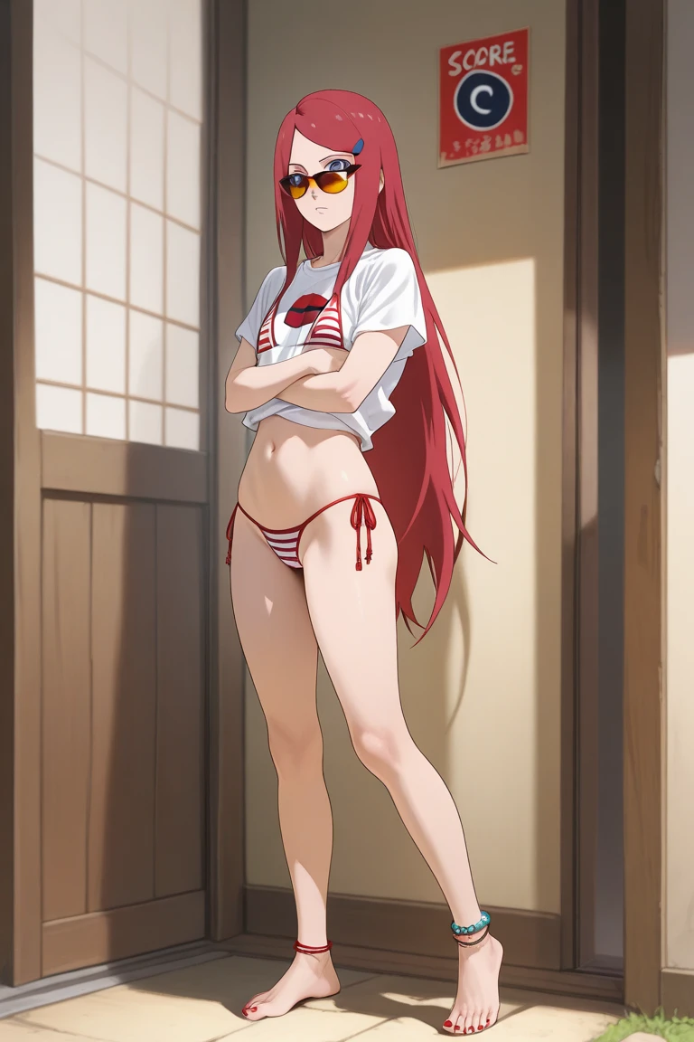 absurdres, highres, ultra detailed, Erza scarlet , angry face,blush , solo , samurai armour , medium chest ,thong pantie , long socks , looking at viewer . Katana , Samurai.