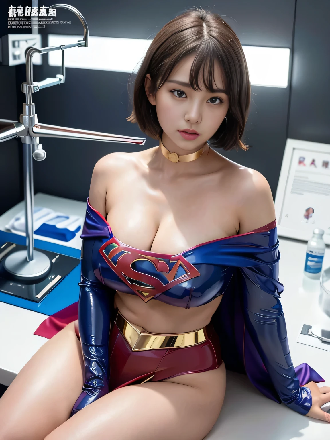 masterpiece、Supergirl Costume、short hair、operating table、Patent leather boots、Big and ample breasts、choker、Long sleeve、Red mini skirt、Looking at the camera、Research Room、Messy lab equipment、Inspection equipment、Medical equipment、Medical practice、Physical examination、latex、Alluring、Seductive pose、Off the shoulder、Belly button、Adult magazine cover、