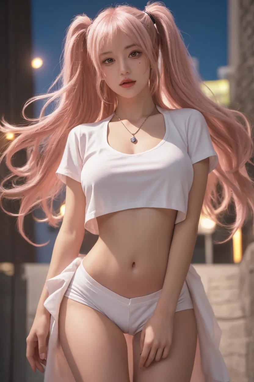 purple and pink color scheme,Sexy Girl ,tiny body,white curly hair, Colorful colored camisole,
standing,