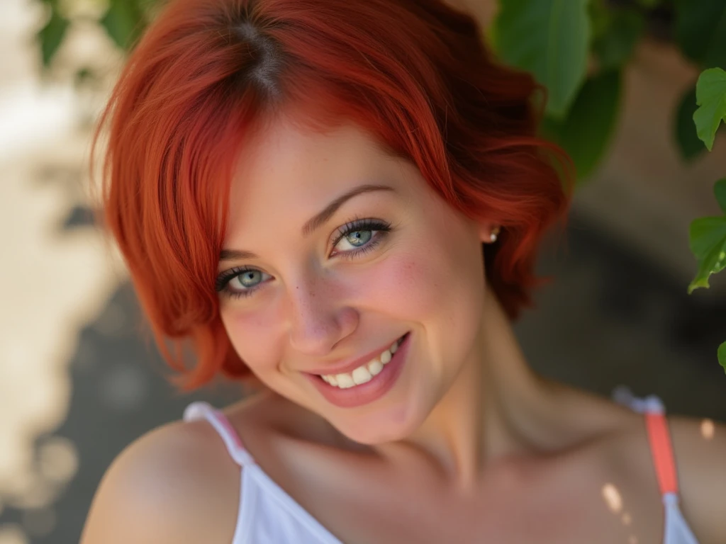 high key
redhead girl, smiling, pixie haircut