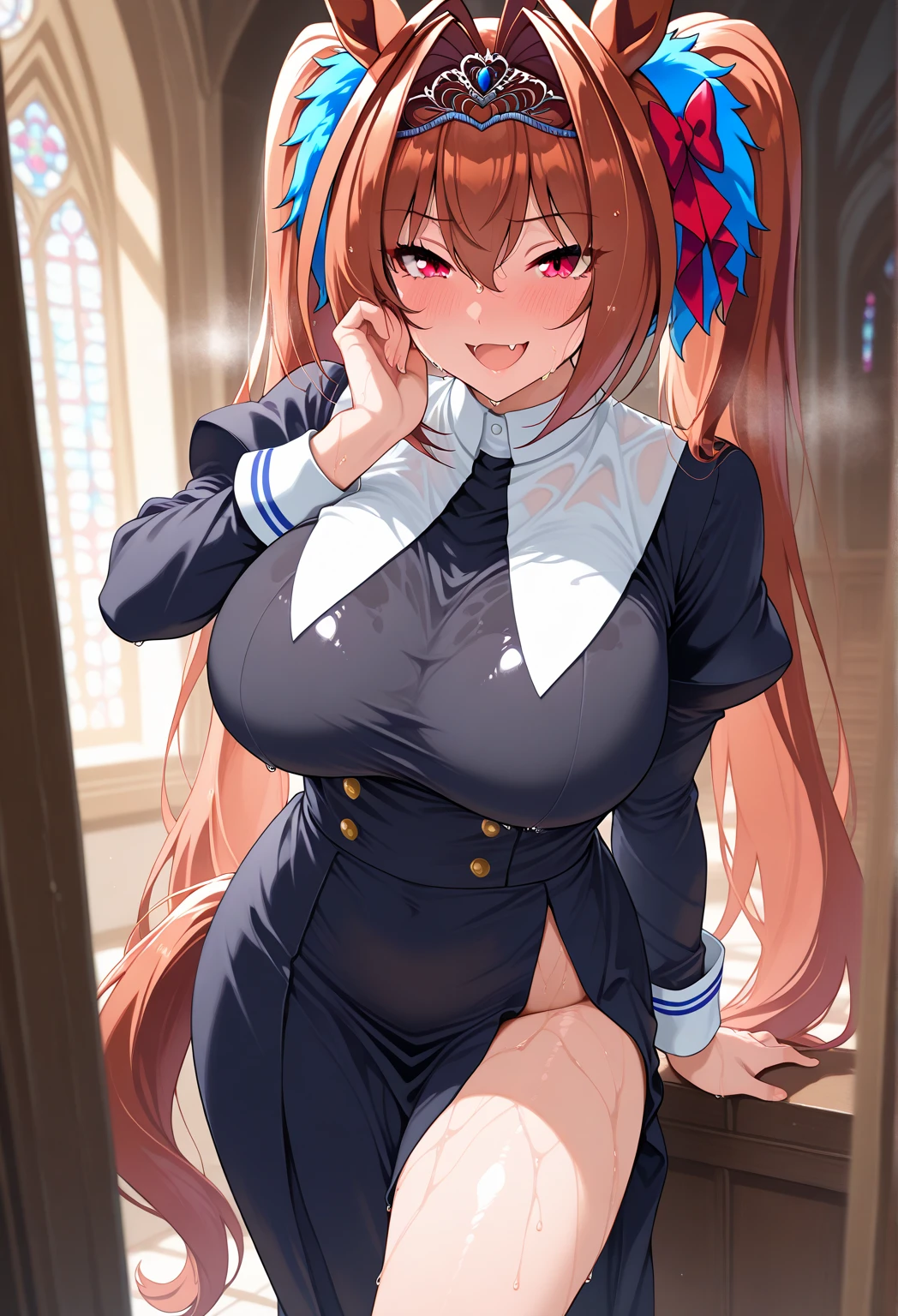 masterpiece, best quality, highres, high_definition, very long hair, a hotel, 1girl, solo, a woman in a sexy dress, sexy pose, blush, little smile, bangs, hair_between_eyes, purple eyes, blond hair, ponytail, medium_breasts, sexy, seductive pose, sexy pose, very long hair, arm behind head, jacket, red dress,