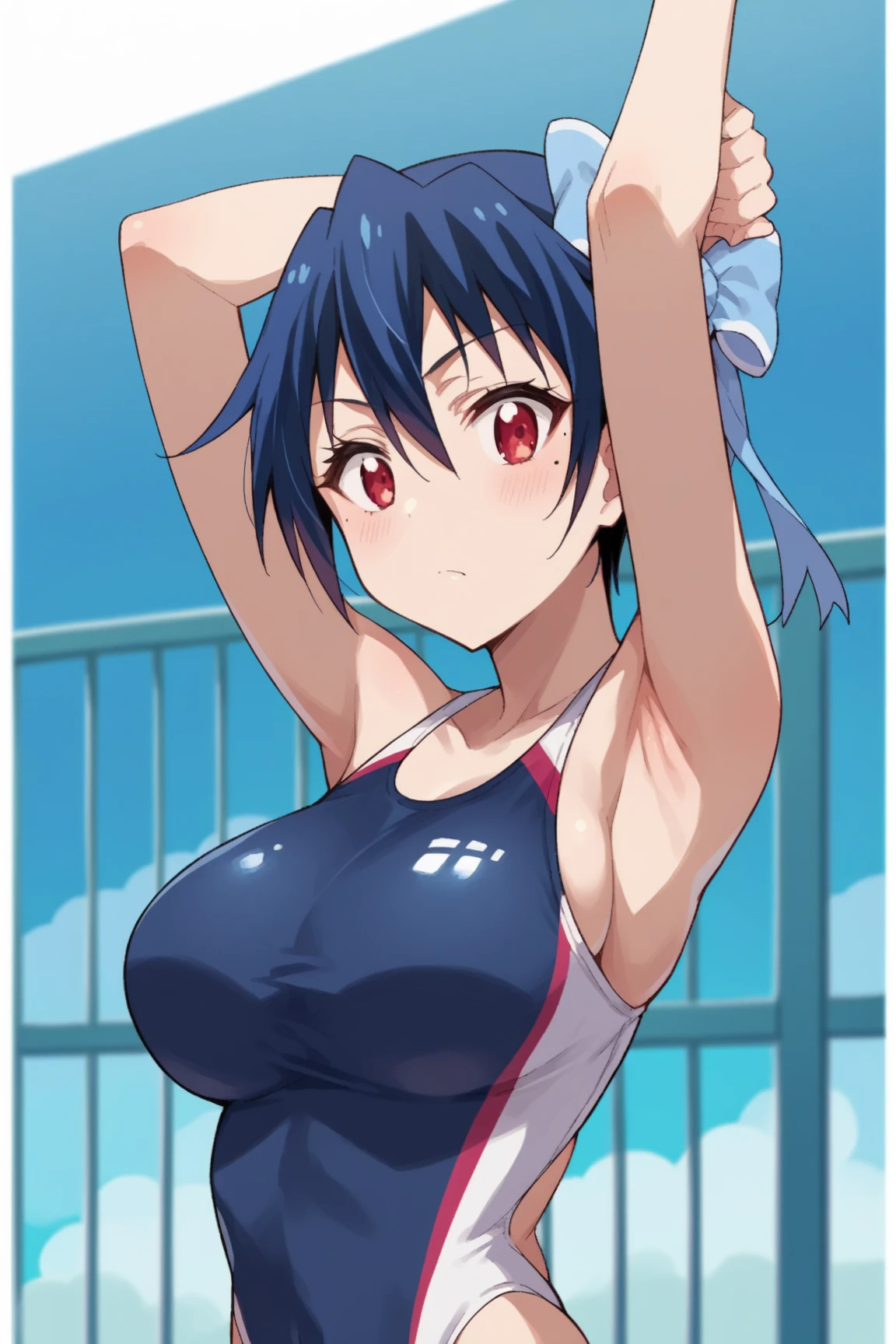 masterpiece, best quality, Seishirou Tsugumi, looking at viewer, Blue hair, red eyes color, large breasts, upper body, portrait, seductive smile, armpits, armpits visible, sweaty armpits, wearing pink bikini, background on beach