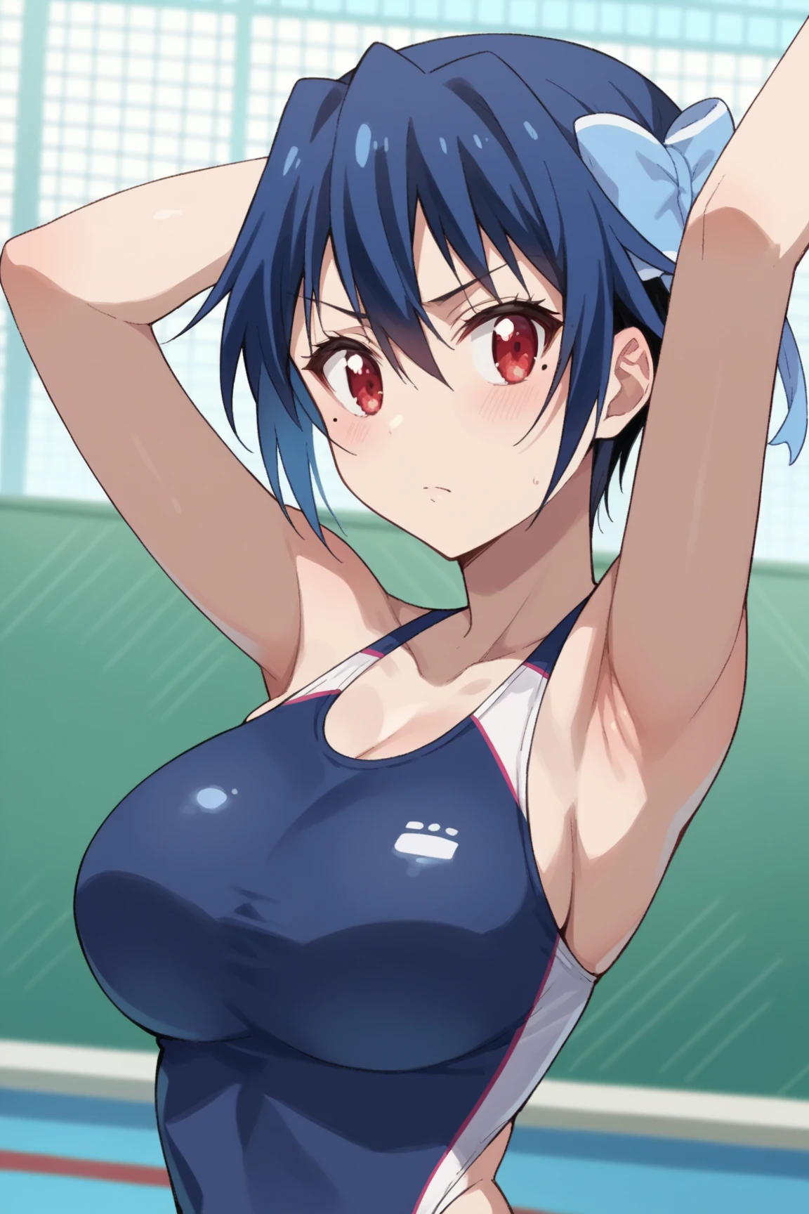 ((masterpiece,Highest quality)), Confused,
work_Pokemon,
1 girl, alone, Blue Short Hair, blue eyes, Yellow hair band, White shirt, Sleeveless, Blue sailor collar, Blue pants, Bright Eyes, (Wear a swimsuit under your clothes:1.4),(School Swimsuit:1.4),
alone, smile, Looking at the audience,Large ,Full Bust,thin,Firm stomach,(Huge breastsd breasts:1.3),(st),Big Breasts, Round Brete's chest,thivaceous physique) ,Skinny body ,(Firm stomach)
breathe,Sweat,Wet,Grin,Red nose, Heart-shaped pupils, I was annoyed.,Breast close-up,((nsfw))