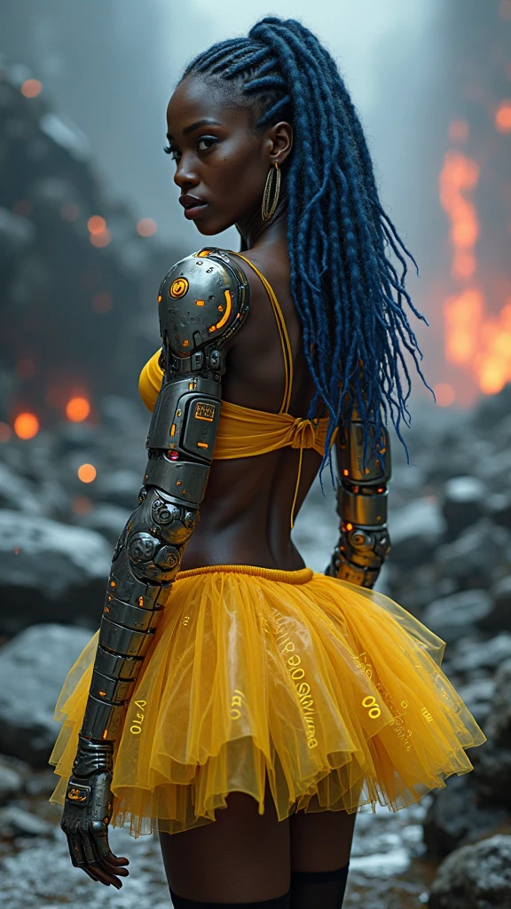 rear view, backside view,(Mejor calidad, 4k, obra maestra: 1.3), pretty ebony woman, hiperrealista, 1girl, (pechos masivos, cuerpo atractivo: 1.35), abdominales: 1.15, (extreme neon rainbow hair), (negro cabello rizado afro:1.4), (wet rainy, mojado por la lluvia, cuerpo mojado: 1.2), cara ultra detallada, piel ultra detallada, labios detallados, detallados (brillantes (heterochromia, ojo de miel izquierdo, ojo verde derecho: 1.35)), 二重まぶた, vestido sensual de cuello bajo, escote abierto,(post apocalyptic colors:1.4),(Teme_peinado:1.3),  pechos colgantes, pose lateral, curvas visibles, pista de fiesta, pista de baile, party couch, transparent golden tunic gold, sorprendido,manos detailed,More detailed 8K.motor irreal:1.4,UHD,La mejor calidad:1.4, fotorrealista:1.4, textura de la piel:1.4, obra maestra:1.8,obra-prima, mejor calidad,objeto Objeto], (detailed face features:1.3),(ciudad apocalyptic destroyed color:1.4)