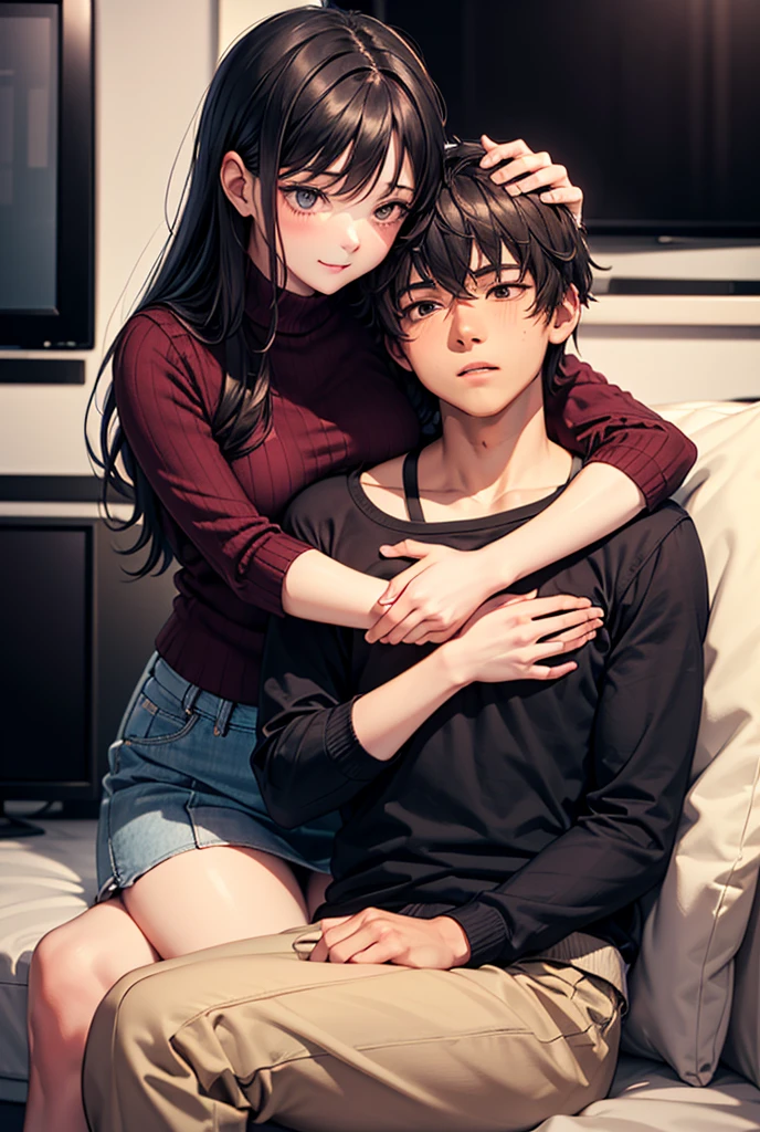 highest quality、4K quality、Man sitting on sofa、Woman in Cleopatra&#39;s clothes approaching a man、Man hugs woman's breasts、A man puts his hand on a woman&#39;s crotch、slender、Small face、18-year-old、