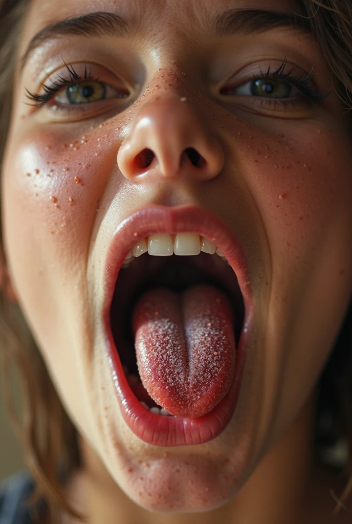 1 girl、pieces fly、、Award-winning photo、very detailed、eye、nose、focus on the mouth、close up focus on face））、Woman with open mouth and closed eyes、35 years old、black hair、Wrinkles：1.1、symmetrical face、Realistic nose hole、from belowのアングル、Elongated C-shaped nose hole NSFW、sweaty skin、Lighting that emphasizes the skin that shines with sweat、((Sharp nose))Skin shiny with sweat、shiny skin、sweaty hair、Upper eye、(wrinkles between eyebrows))(cum on tongue)Lighting that does not cast shadows on your face、from below、(female police officer、uniform、Inside the police station)long tongue、drooling.((drool dripping from the tongue、saliva drips from the tongue))、(((drool foam on the tongue、)))(((Foamy saliva collects at the bottom.)))Large double eyelids, white cum in mouth, cum dripping from tongue,  on tongue
