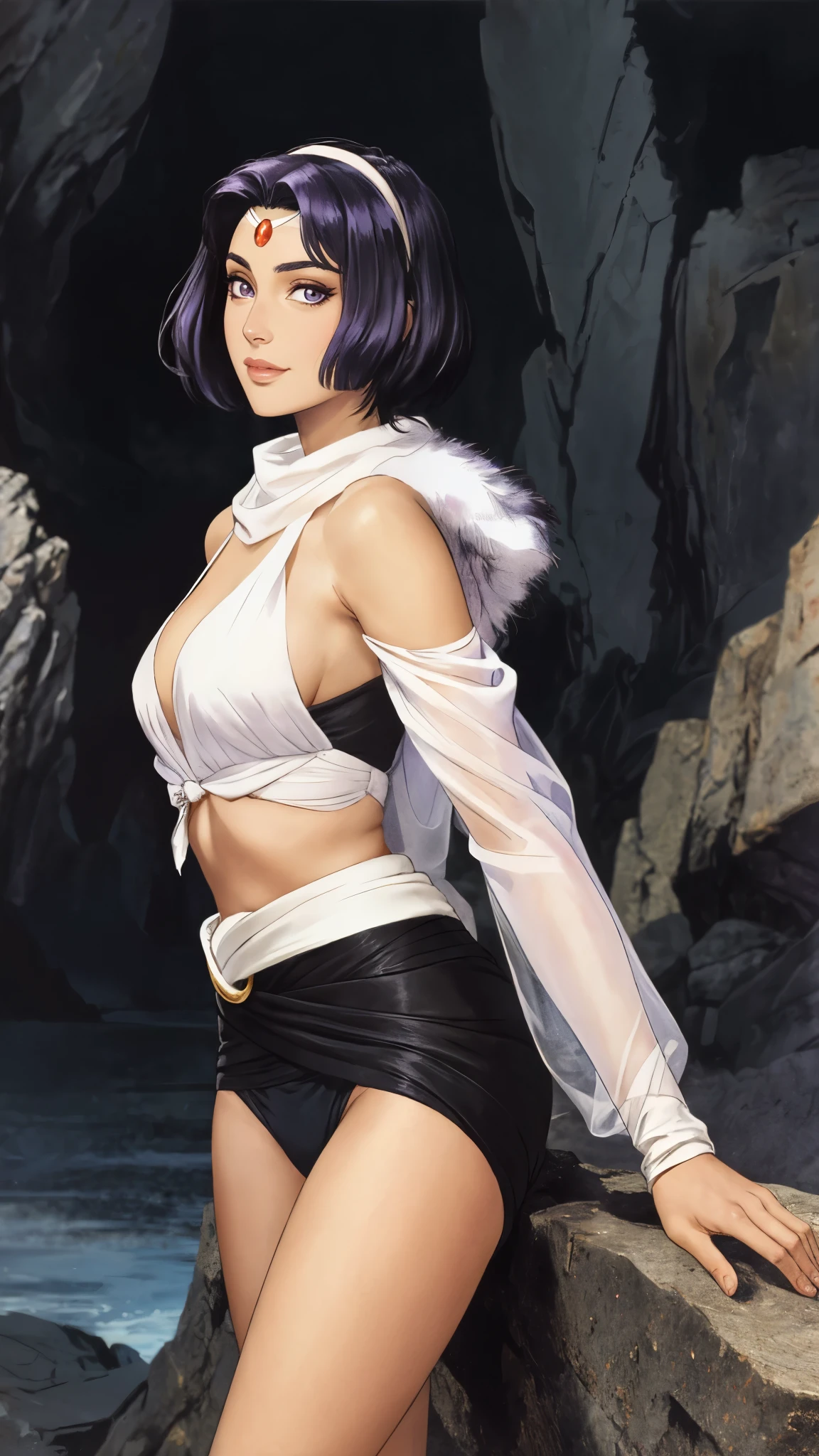 masterpiece, best quality, a beautiful woman with short purple hair, side part bangs covering her left eye, a headband on her forehead, an exquisite and charming face, a mysterious gaze, a faint smile, delicate and alluring figure, draped over her shoulders is a thick fur scarf connected to sleeves made of the same fur, a fantasy-style bikini outfit, a fur belt around her waist, porcelain skin, pale skin, the background features a cracked giant stone in the wilderness emitting an eerie glow, this character embodies a finely crafted fantasy-style female villain in anime style, exquisite and mature art style, exquisite photography, goddess, feminine, depth of field, bokeh, photorealistic, perfect skin, even and soft lighting on face, dramatic, high definition, highres, ultra detailed, professional, perfect body proportions, anatomically correct, symmetrical face, extremely detailed eyes and face, perfect eyes, high quality eyes, creativity, RAW photo, UHD, 32k, portrait lighting, cinematic lighting, (masterpiece-anatomy-perfect:1.2)