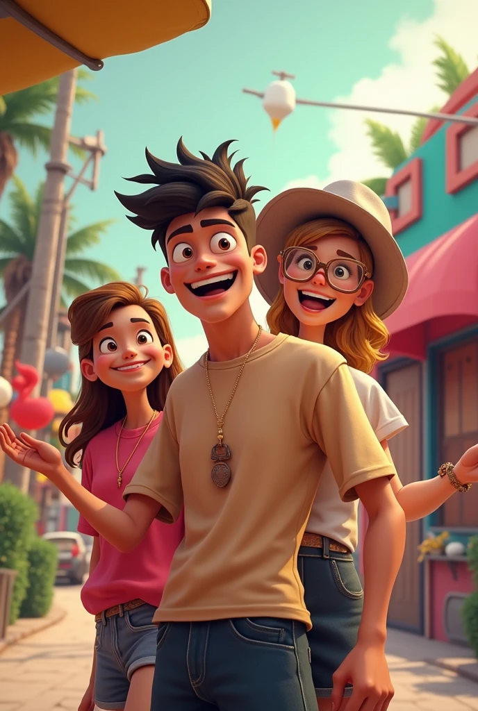 An image showing a family at a fair, Mother, father and a ager and behind a crazy man surrounded by people