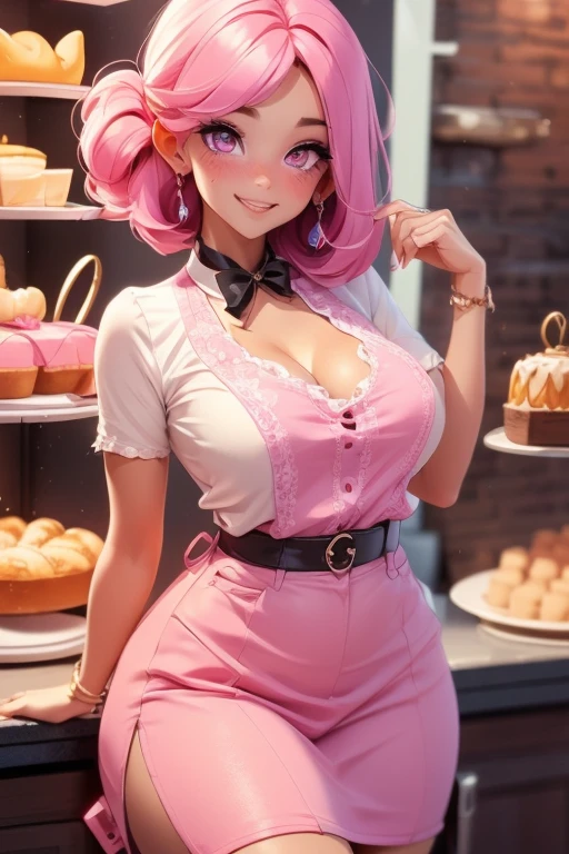 ((1 girls), solo, clevage, Big round breasts, trendy, stylish, clevage, thighs, hips, realistic, pink hair, blonde hair, light green eyes, lip gloss, detailed face, amazing big eyes, eye details, big lips, eyebrow details, blush, smirk, naughty, mischevious face, HD, good quality, thick thighs, attractive, breakfast, kitchen