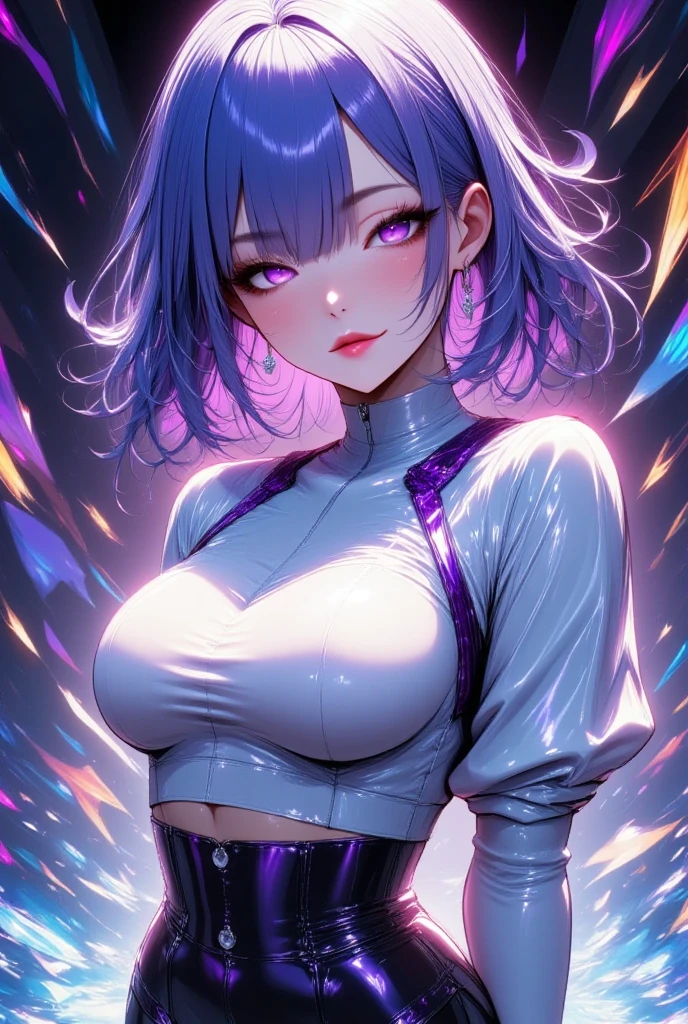 Korean girl aesthetic, realistic depiction, clear and defined eyes, full lips with lip gloss, eyeshadow, pink and light blue monochromatic color scheme, neon lighting, cute and kawaii elements, purple hair, natural lighting, joyful and whimsical vibe, cleavage, huge tits, cute revealing outfit, pink panties,