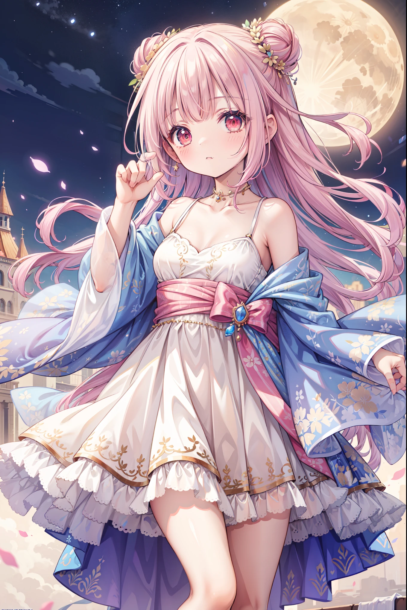 ((( best quality, high resolution , masterpiece , masterpiece , best , high resolution ))). a girl , Lonely. (((My beautiful , cute girl, has beautiful pink hair , Short, , and anime faces))). She is a young girl , about , has gorgeous white skin and long hair ,Moon Princess , tied in a bun . She has depth, shining red eyes ,tilt. There was no expression on her face .. Her body and adolescent breasts are medically correct. Her limbs are slender, her limbs and fingers are medically correct . Her dress is white,Very short ((robe)), Hazy and transparent , has a blue ivy pattern . When she poses , When she poses , Her clothes fluttered in the wind . her background is a simple starry sky.
