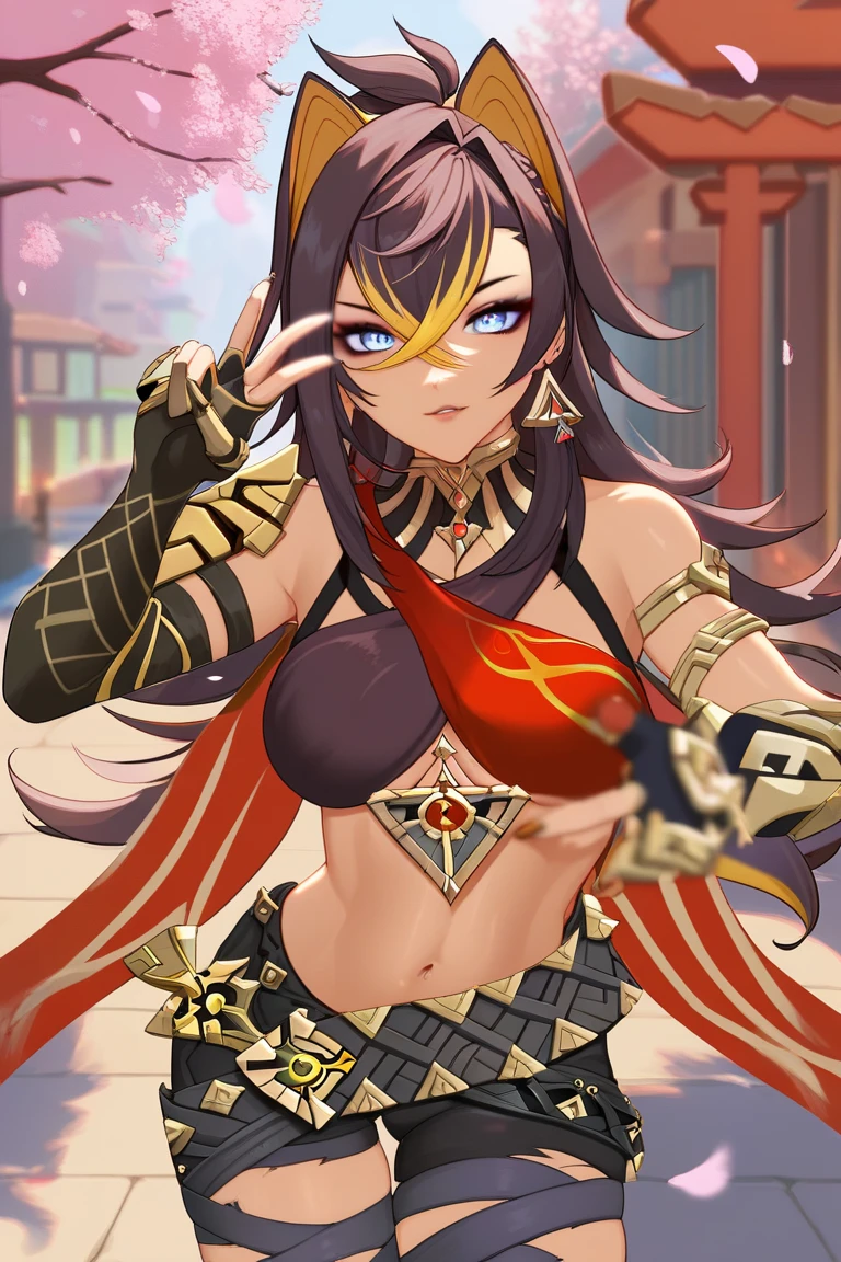 best qualityer, work of art, high resolution, standing alone, {Dehya_genshin:1.15}, multicolor_body hair, laboutg_body hair, bangss, cerulean_eyeballs, striped_body hair, tenebrosa-Skinnedned_female, Huge breasts, ????, tenebrosa_Skinned, blaboutde_body hair, blackw_body hair, body hair_bland_eyeballs, jewerly, crossed_bangss, shoulder strapneck, aretes, animal_ears, breastsout, crossed_shoulder strap, ssmile, maroon_body hair, へそ, stomach, big fit ass_breastsout, body hair_intakes, 1 girl, asymmetric_badass clothing, blackw_cshoulder strap, mitts, gazing_phi_viewer, cshoulder strap, Simpler_fund, Solteiro_cshoulder strapleg, blackw_mitts, no fingers_mitts, average_breastsout, Torn_cshoulder strap, offwhite_fund, Bracelete, just_shoulders, tummy, Torn_badass clothing, waist belt, ssmile, hand_about_hip, thicc thighs