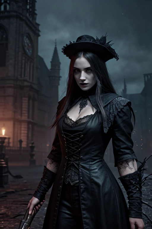 A dark vampiress,steampunk clothes,on stage,undead audience,charming facial features,alluring expression,dramatic lighting,cinematic camera angle,high contrast,moody color palette,dark fantasy,gothic,dramatic,chiaroscuro