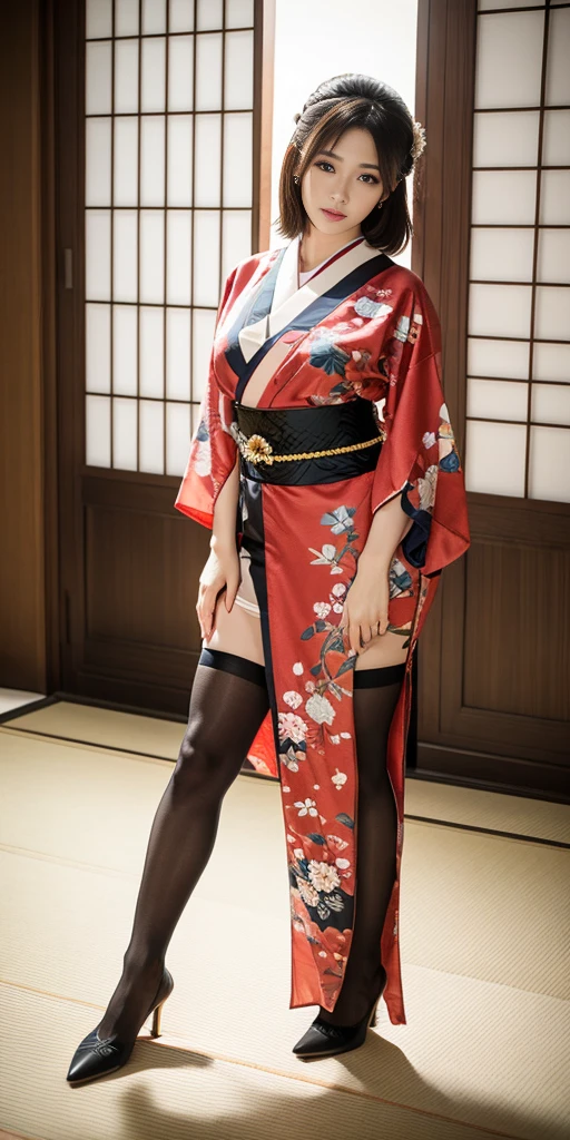 Stories from the Nihon Shoki、Izanagi(Man God)and Izanami(Female God)From the sky、Please generate an image of the ground being created.。Izanami is wearing underwear and a red haori coat.。Izanagiは筋肉隆々is。