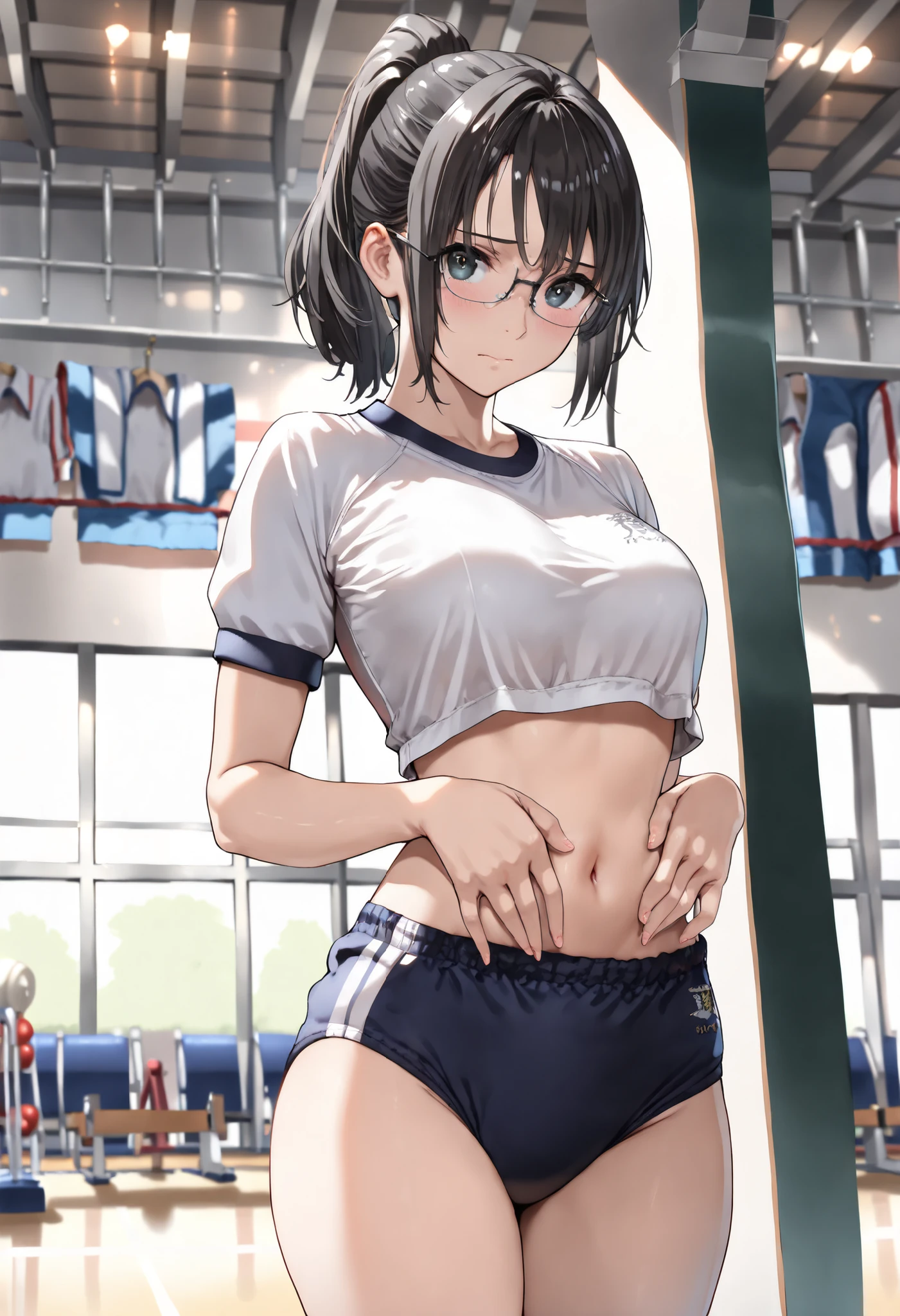 1girl, european girl, the bun hirstyle, light-brown hair, oversized white t-shirt,white pantyhose, without lengire, standing, school gym, school, realistic, source_photo, deatiling panting, brown eyes, detailing body, front view, without shorts, camel toe
